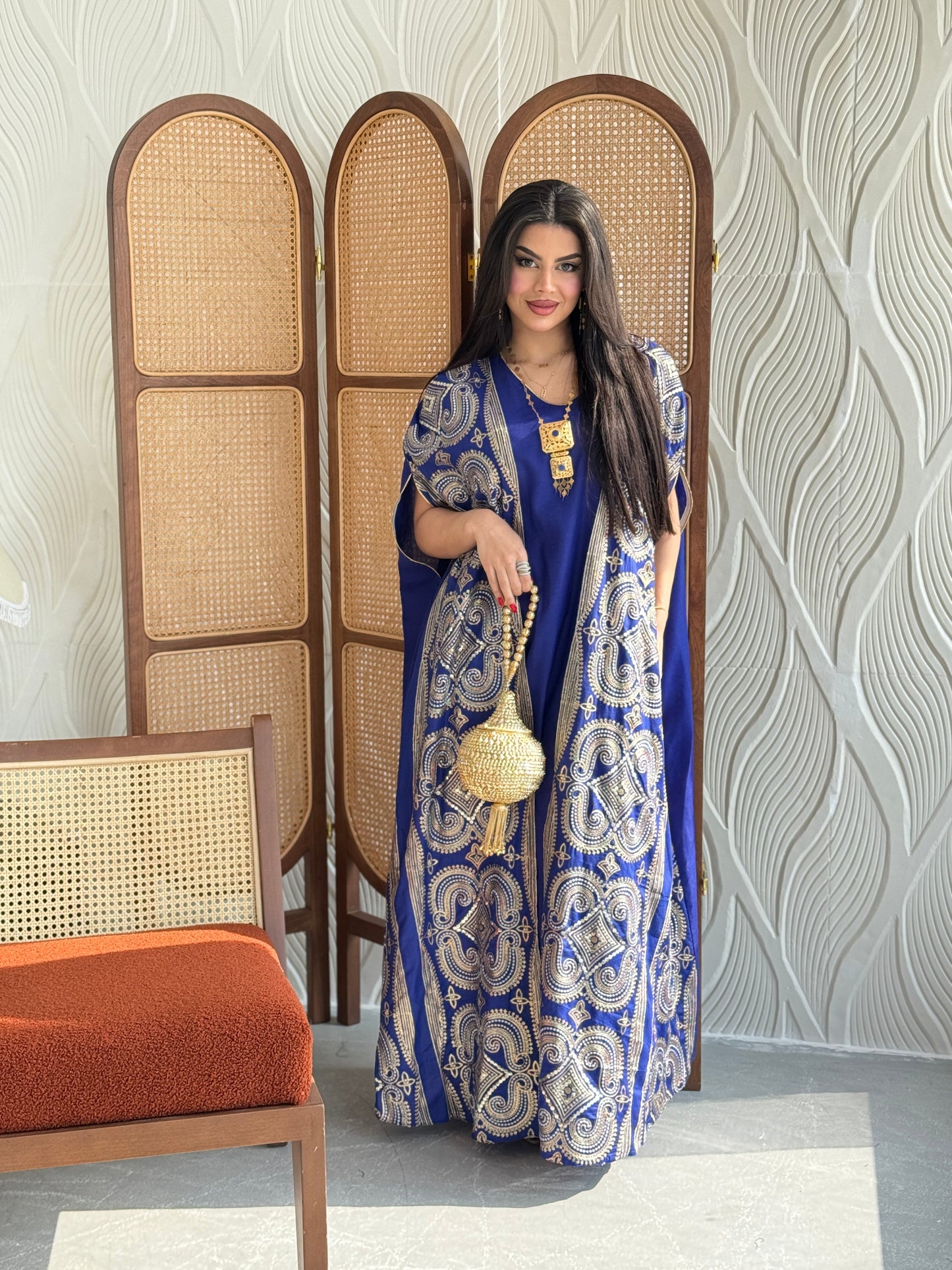 FAB275-Blue Two-Piece Linen Bisht Set, Detailed with Elegant Gold Embroidery