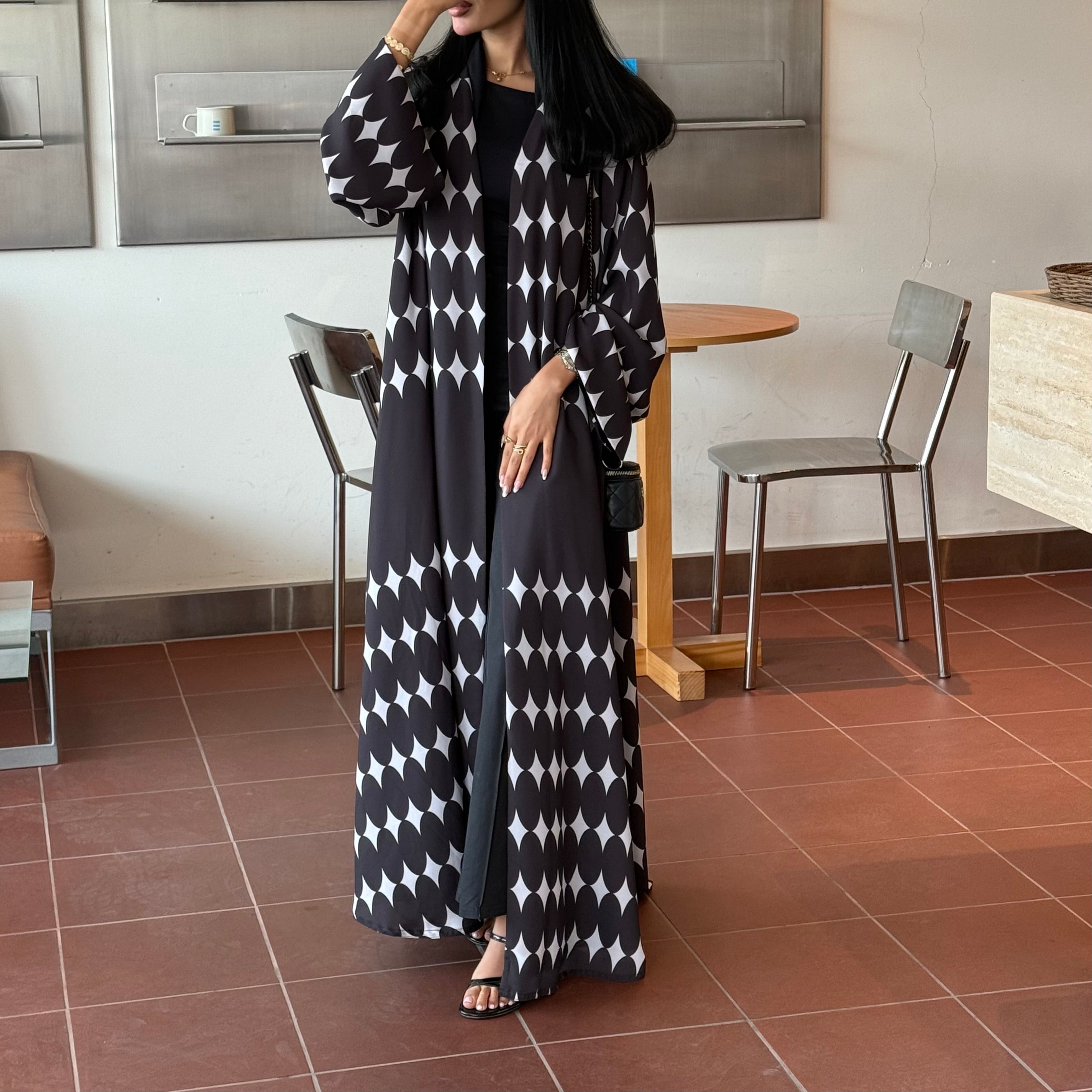 FAB334-White & Black Diamond Print Straight-Cut Abaya with Matching Headscarf