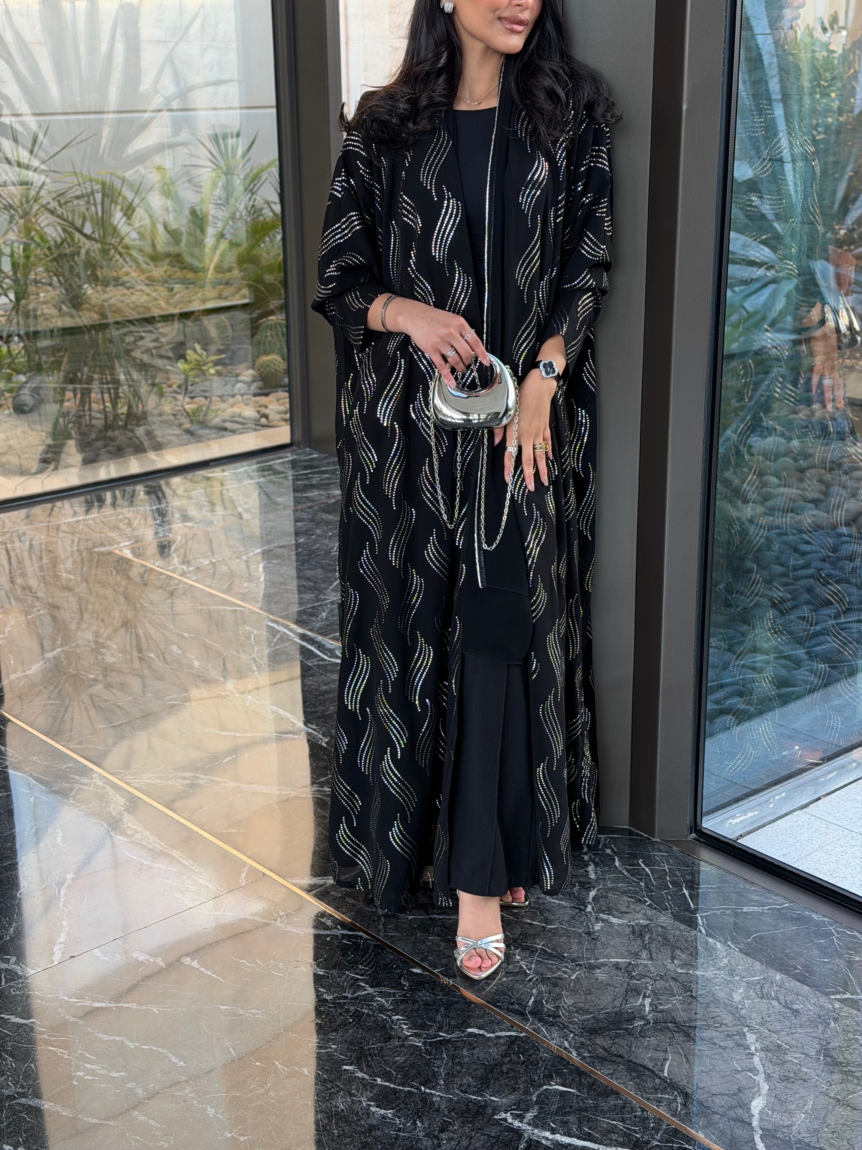 FAB339 – Elegant Black Chiffon Abaya with Silver Naqda Embroidery, Half-Bisht Cut & Matching Headscarf