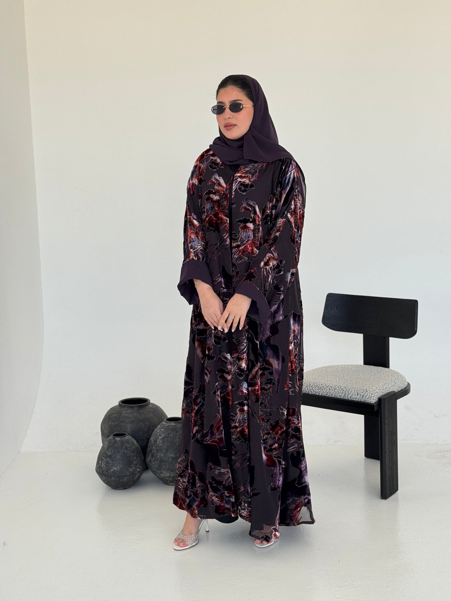 FAB231- Dark Purple Chiffon with Velvet Print Abaya with headscarf