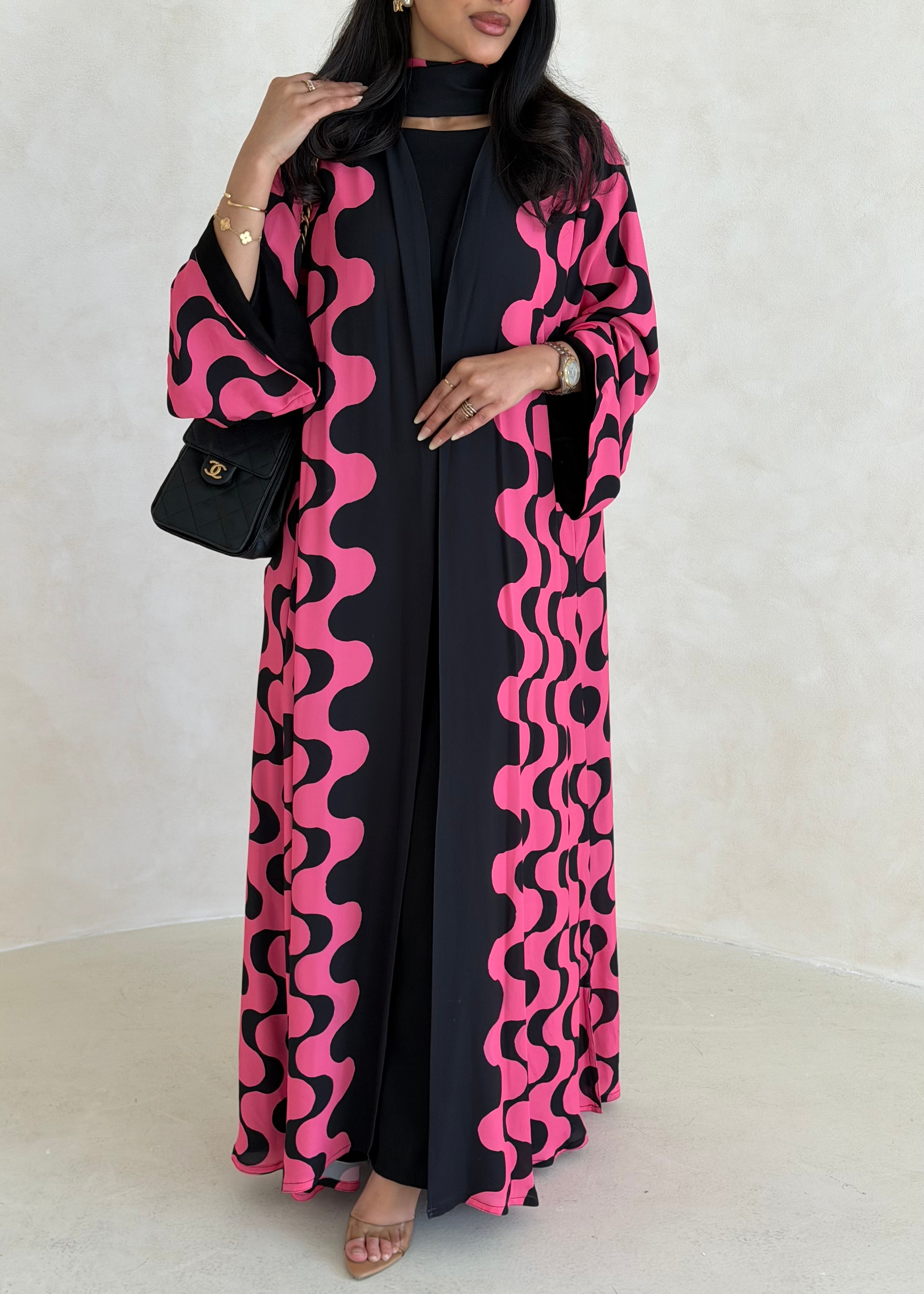 FAB342-Barbie Pink and Black Waves Printed Straight-Cut Abaya and matching headscarf