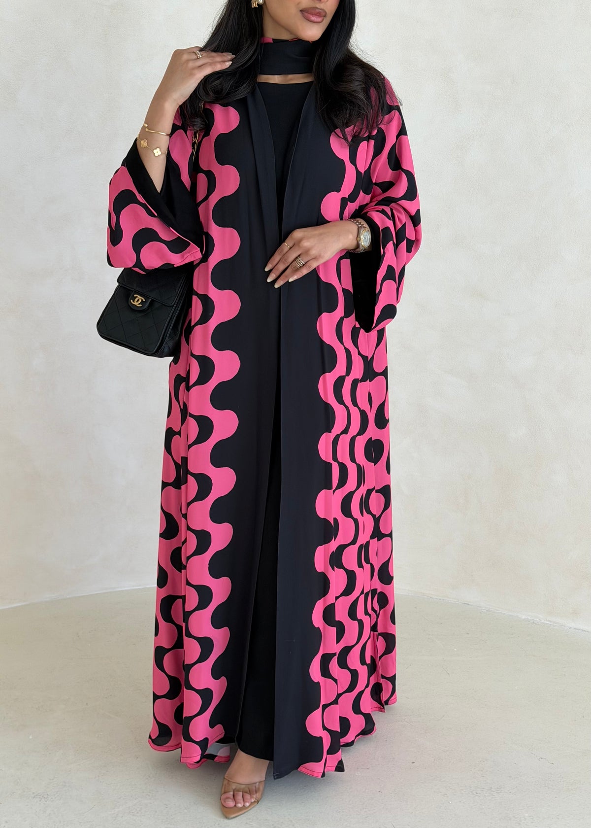 FAB342-Barbie Pink and Black Waves Printed Straight-Cut Abaya and matching headscarf