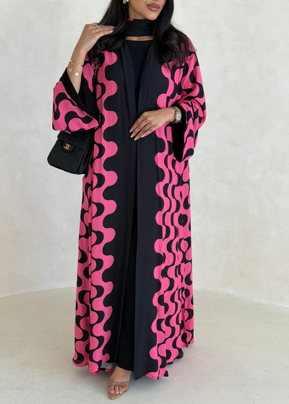 FAB342-Barbie Pink and Black Waves Printed Straight-Cut Abaya and matching headscarf