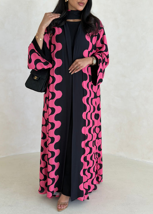 FAB342-Barbie Pink and Black Waves Printed Straight-Cut Abaya and matching headscarf