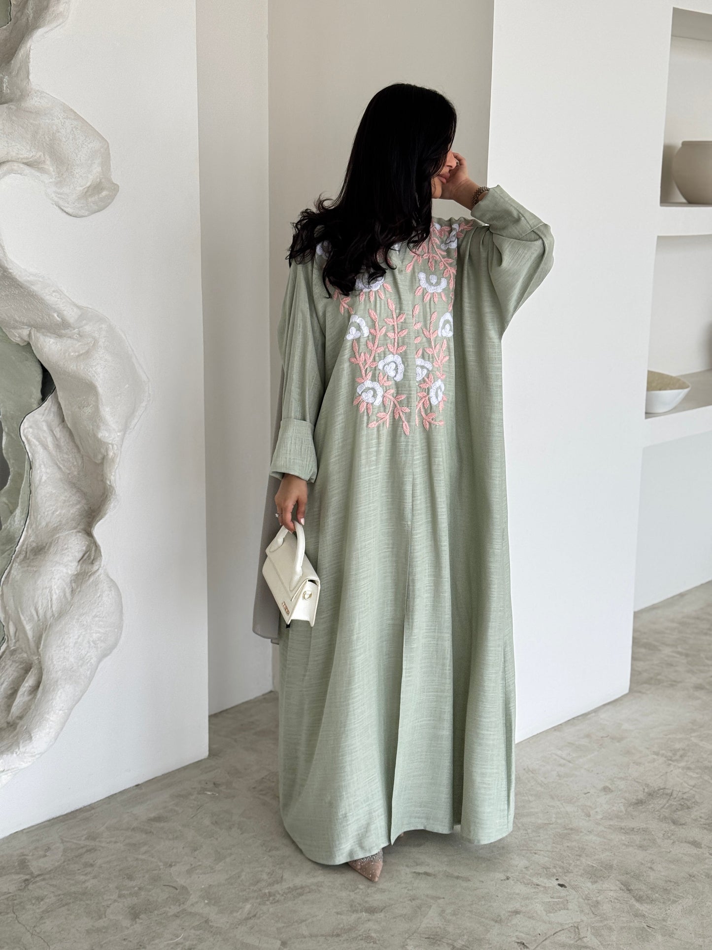 FAB187- Light Green Summer Linen - Half-bisht cut Abaya