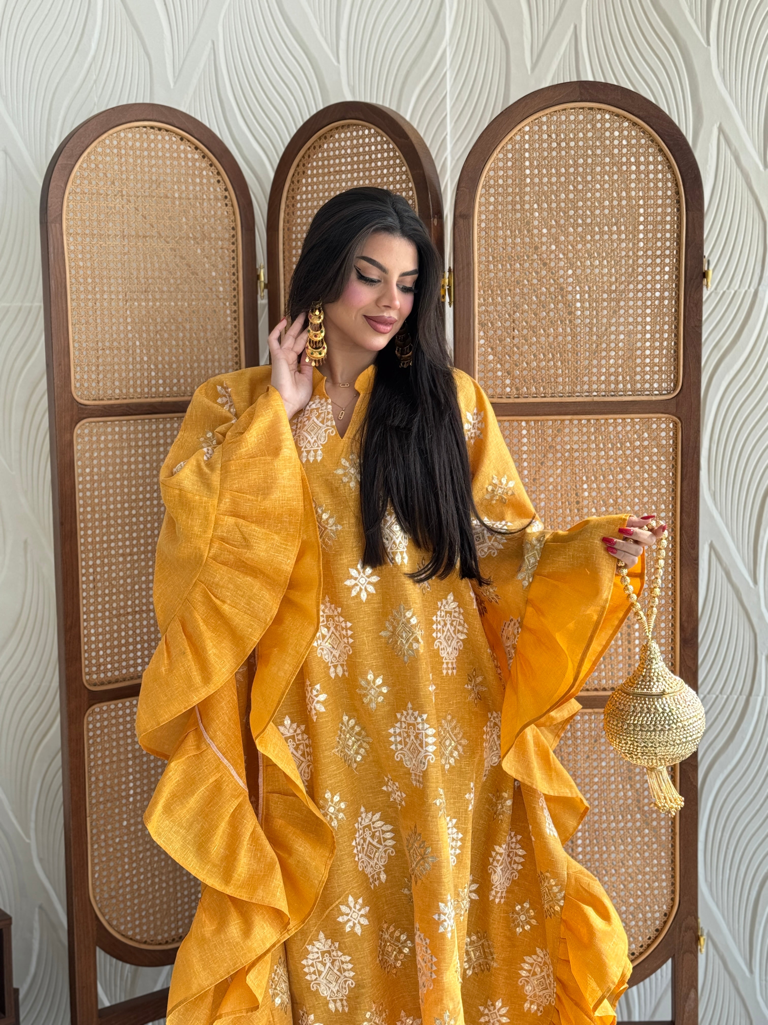 FAB274-Mustard Yellow Linen Embroidered Butterfly-Cut Jalabiya with Ruffled Sleeves
