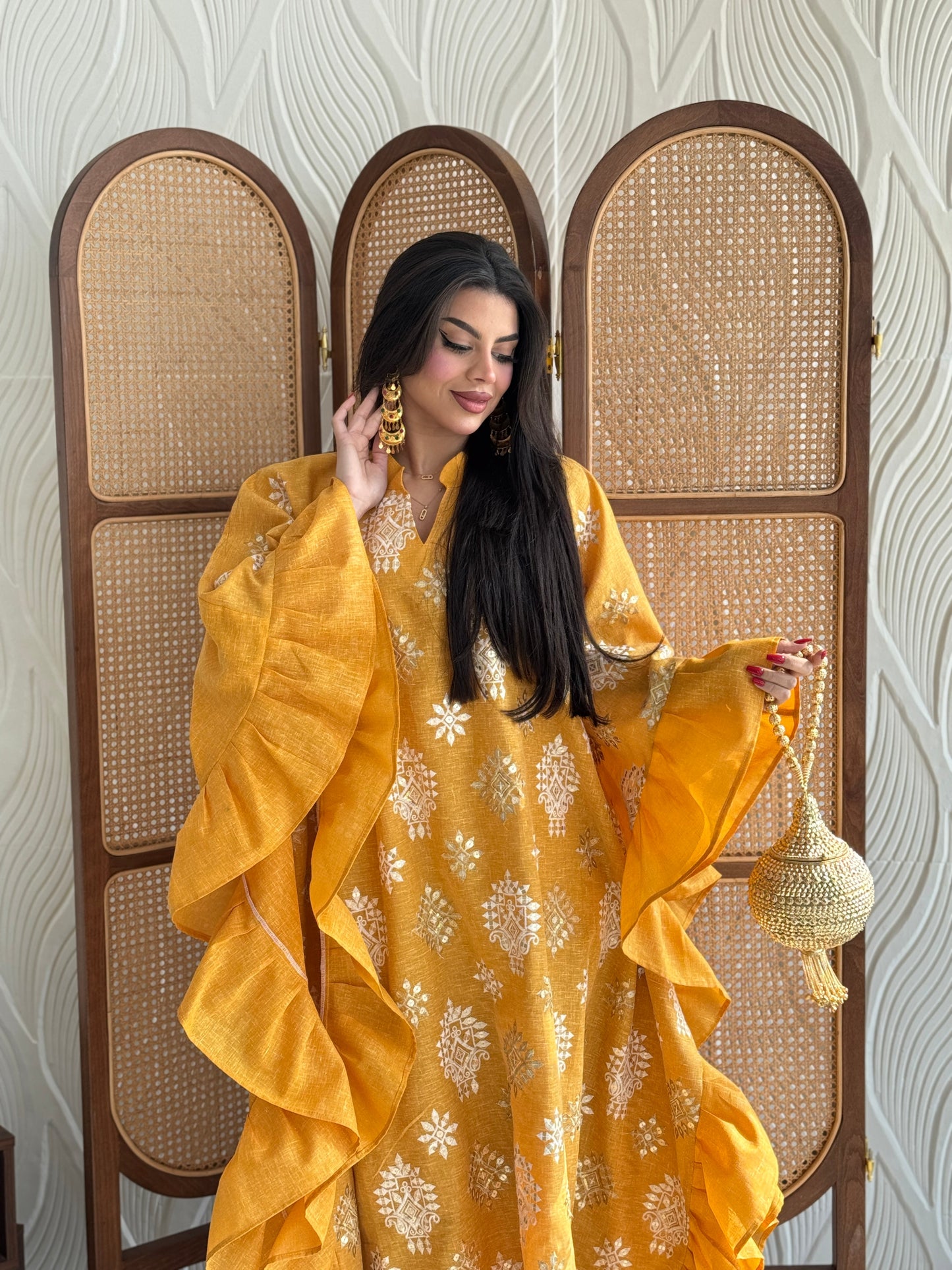 FAB274-Mustard Yellow Linen Embroidered Butterfly-Cut Jalabiya with Ruffled Sleeves