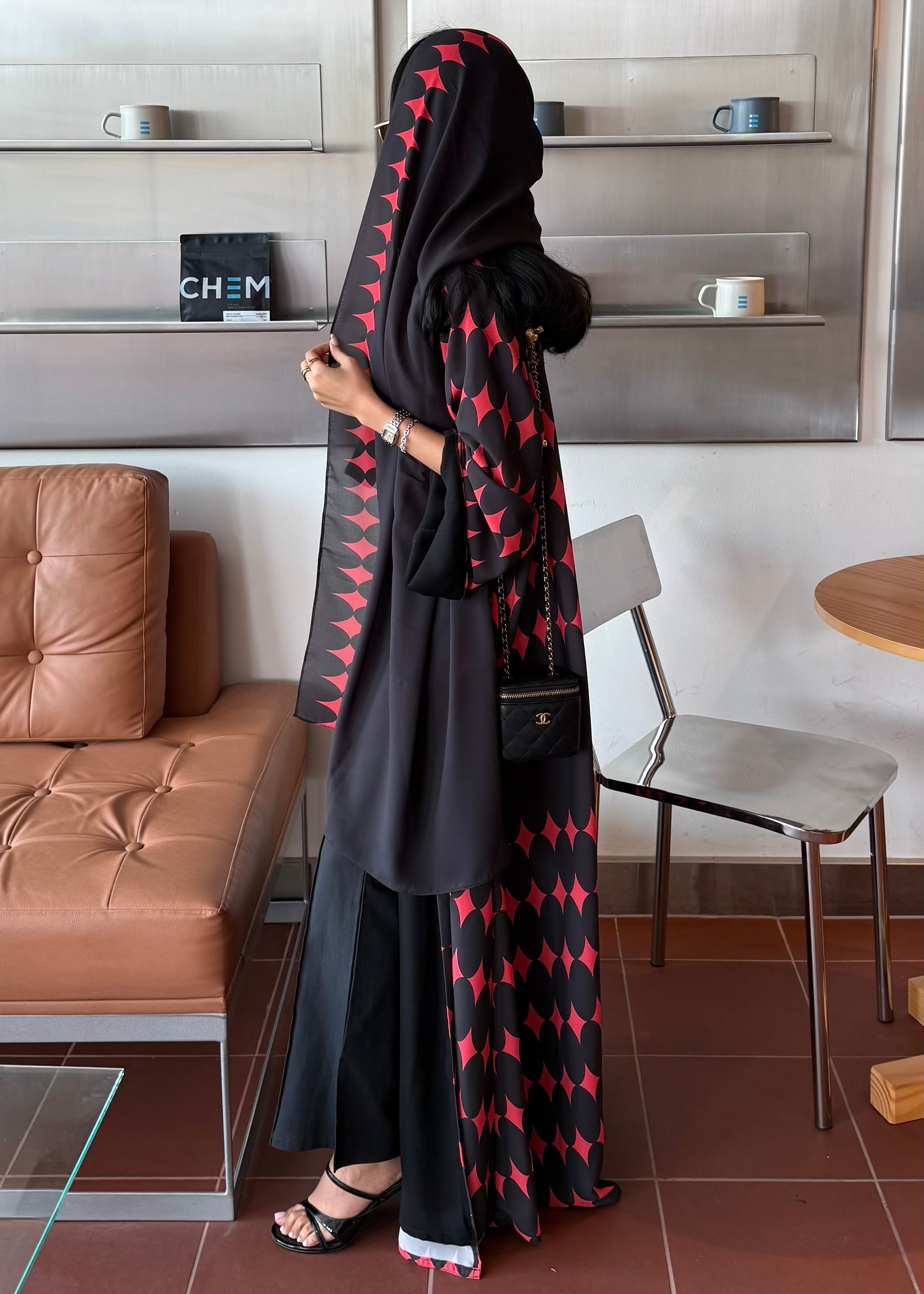 FAB335-Red & Black Diamond Print Straight-Cut Abaya with Matching Headscarf