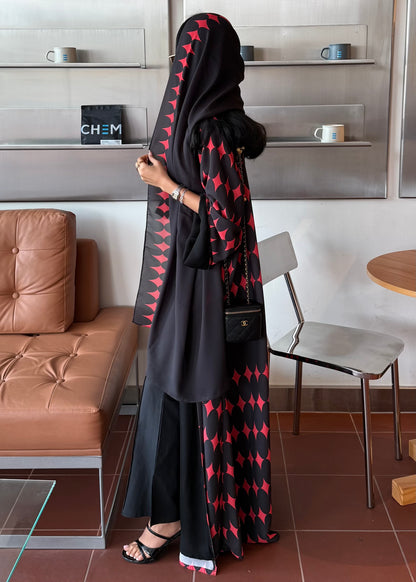 FAB335-Red & Black Diamond Print Straight-Cut Abaya with Matching Headscarf