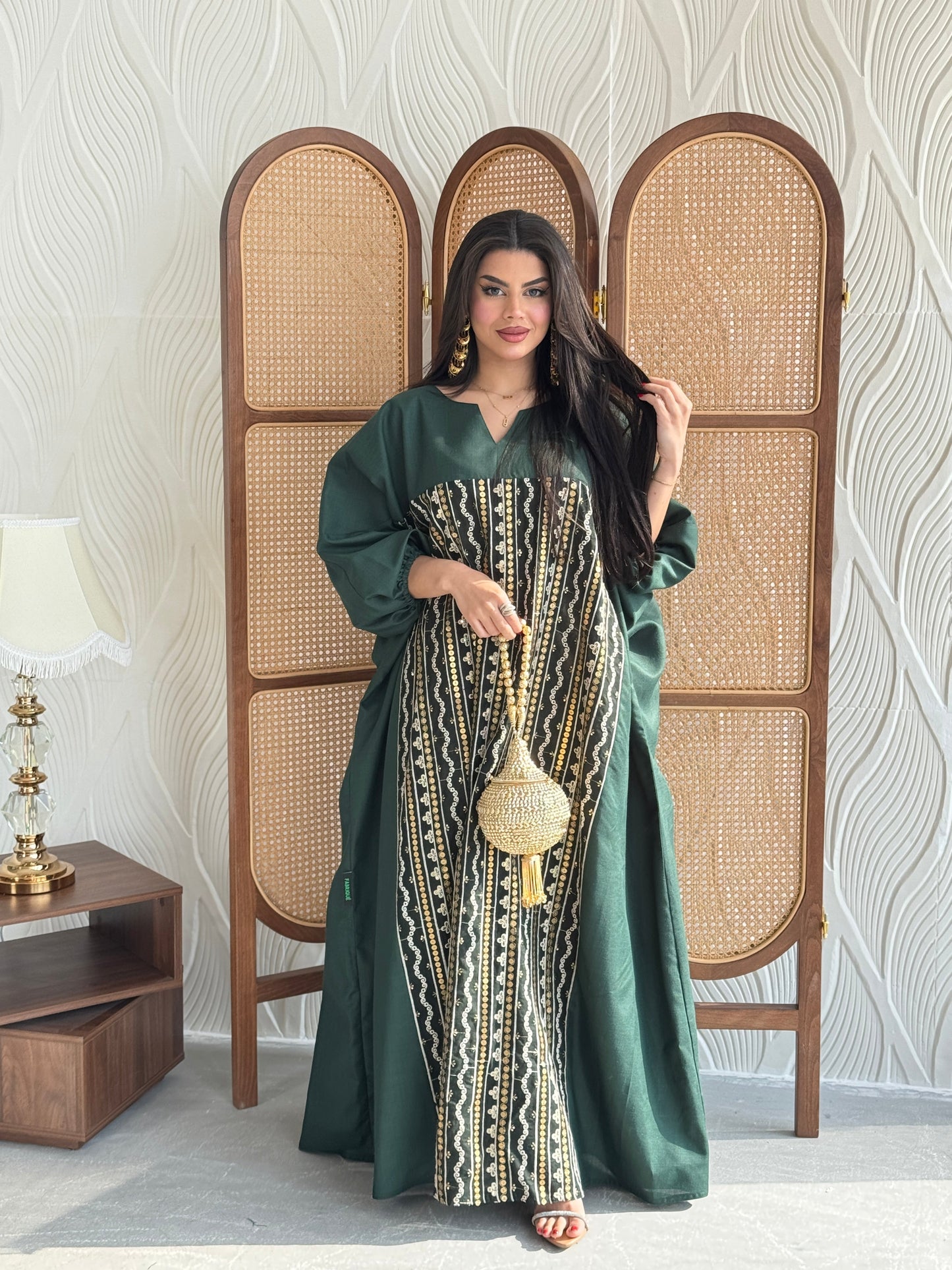 FAB266- Green free-size linen jalabiya with elegant gold embroidery