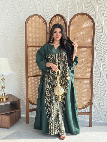 FAB266- Green free-size linen jalabiya with elegant gold embroidery