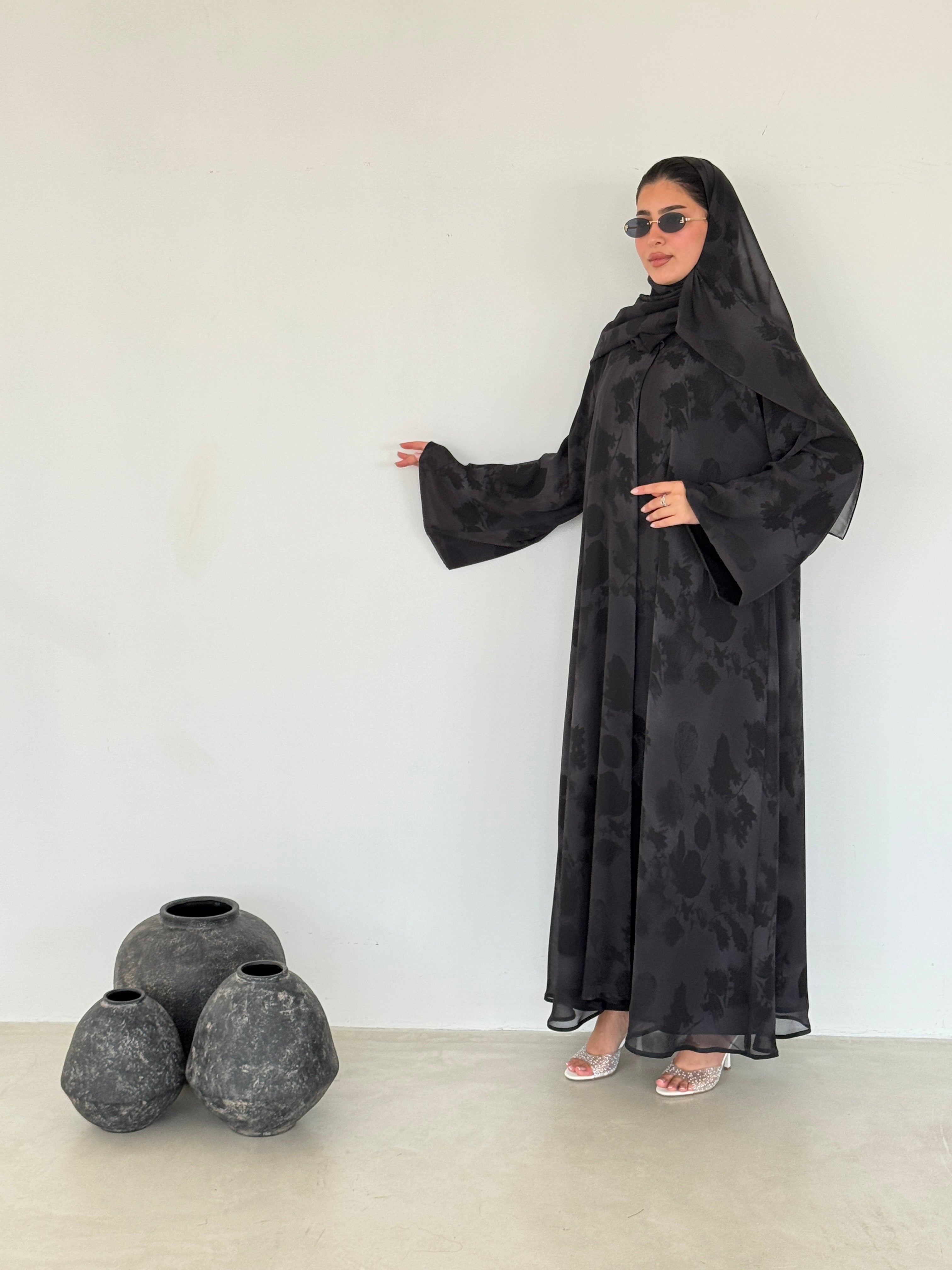 FAB214- Black Grey Printed A-Cut Shiffon Abaya Set