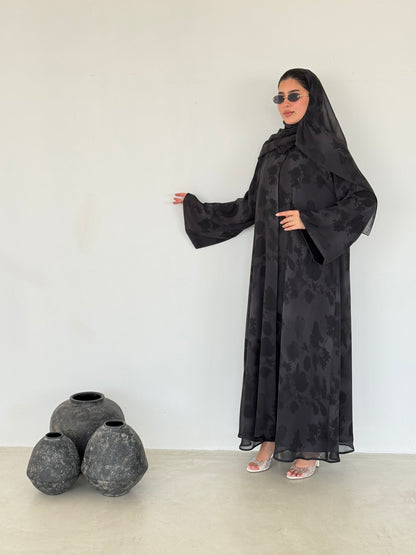FAB214- Black Grey Printed A-Cut Shiffon Abaya Set