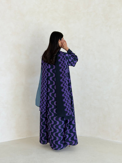 FAB345- Purple Blue Waves Printed Straight-Cut Abaya and matching headscarf