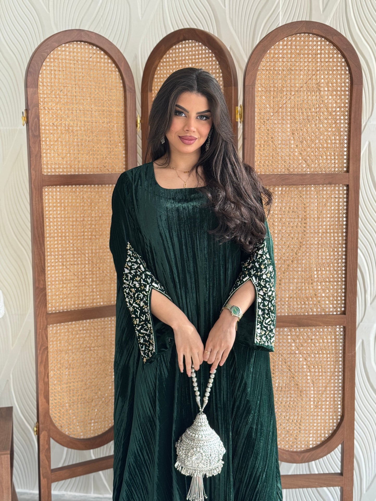 FAB251-Royal Green Velvet Crystals Embroidered A-Cut Jalabiya
