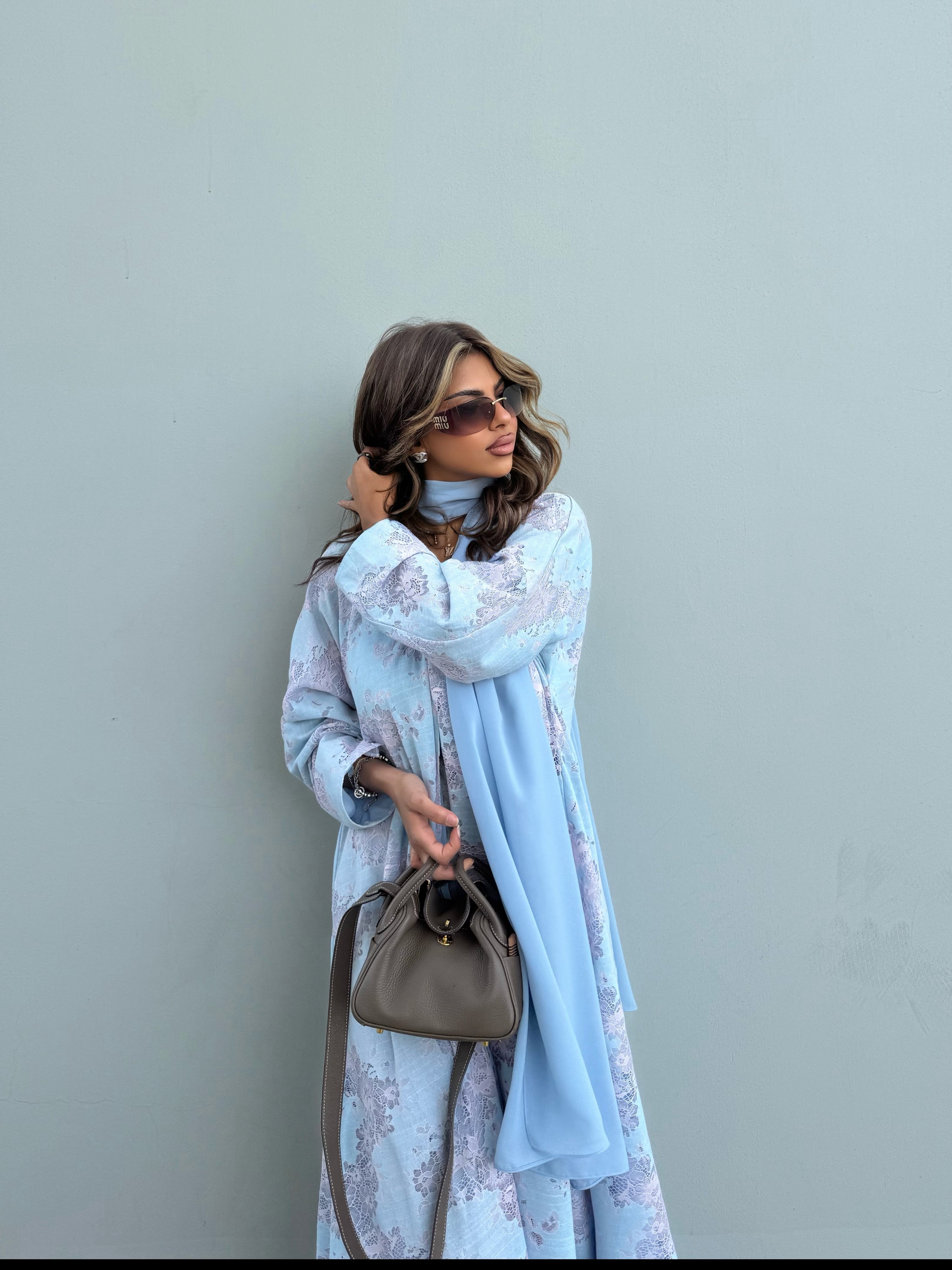 FAB299- Pink and Blue Lace and Linen Summer A-Cut Abaya