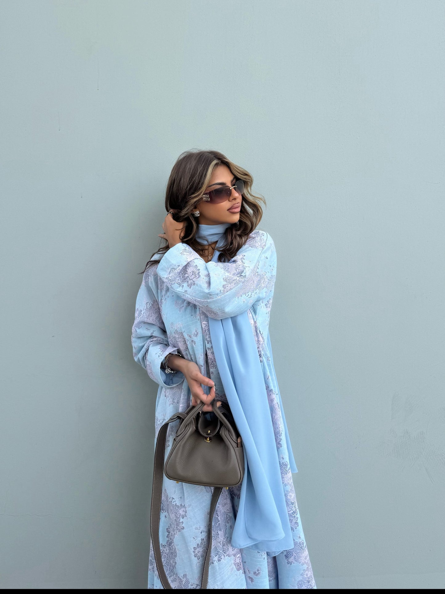 FAB299- Pink and Blue Lace and Linen Summer A-Cut Abaya