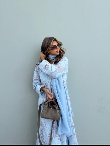 FAB299- Pink and Blue Lace and Linen Summer A-Cut Abaya