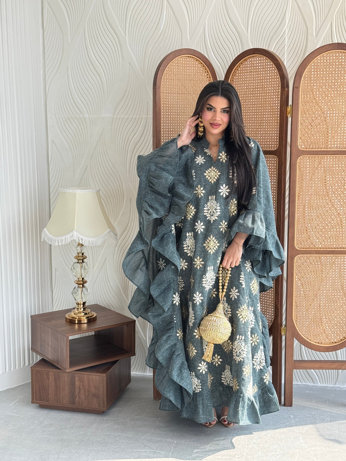 FAB272-Green Linen Embroidered Butterfly-Cut Jalabiya with Ruffled Sleeves