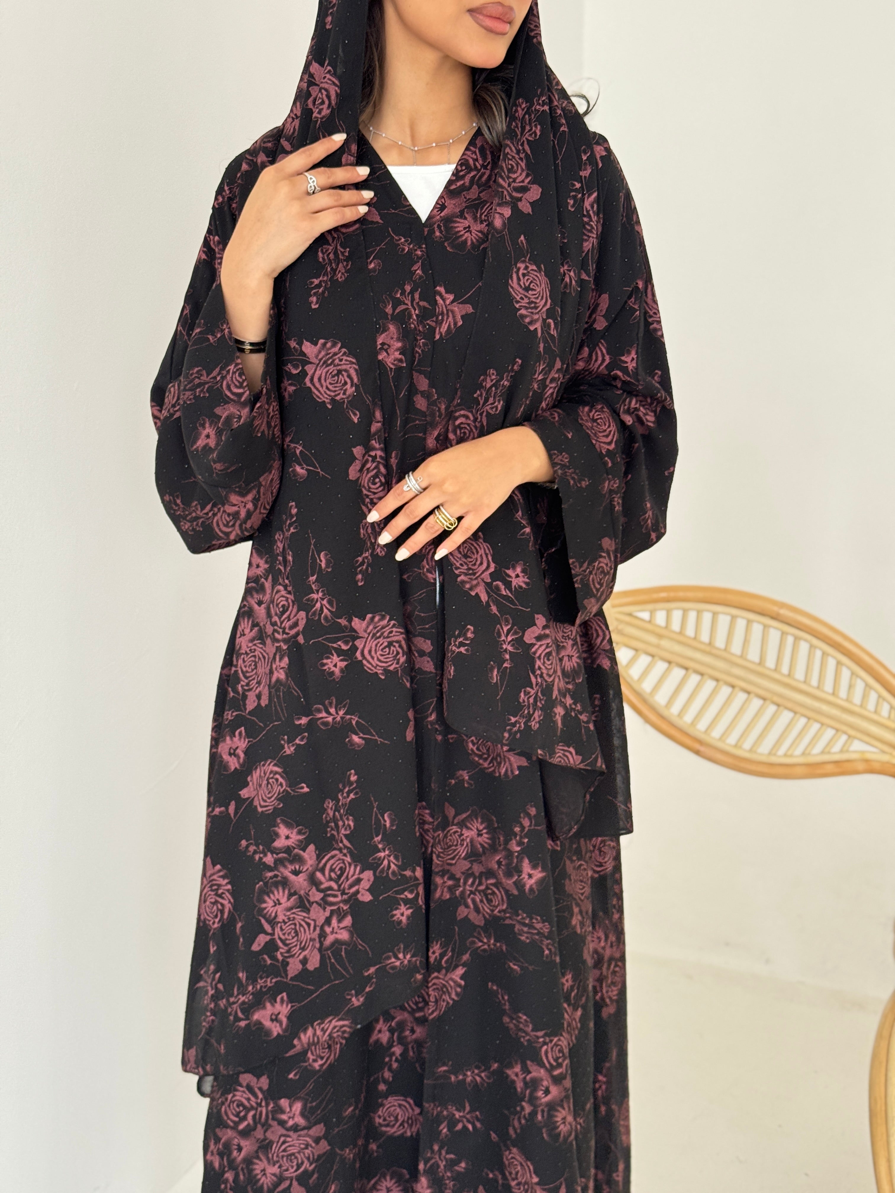 FAB202-Red Black Chiffon Pattern Summer Abaya with headscarf