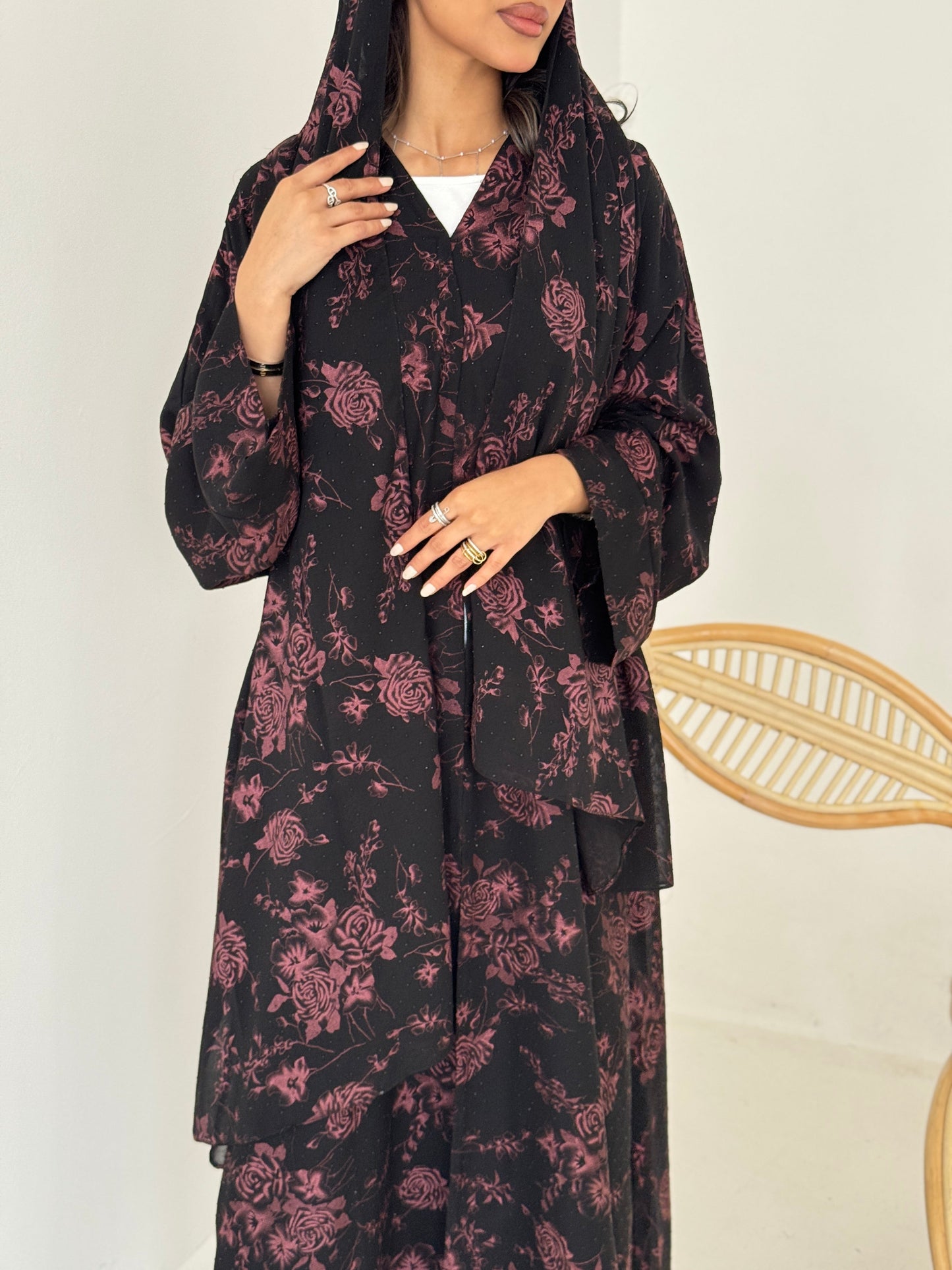 FAB202-Red Black Chiffon Pattern Summer Abaya with headscarf