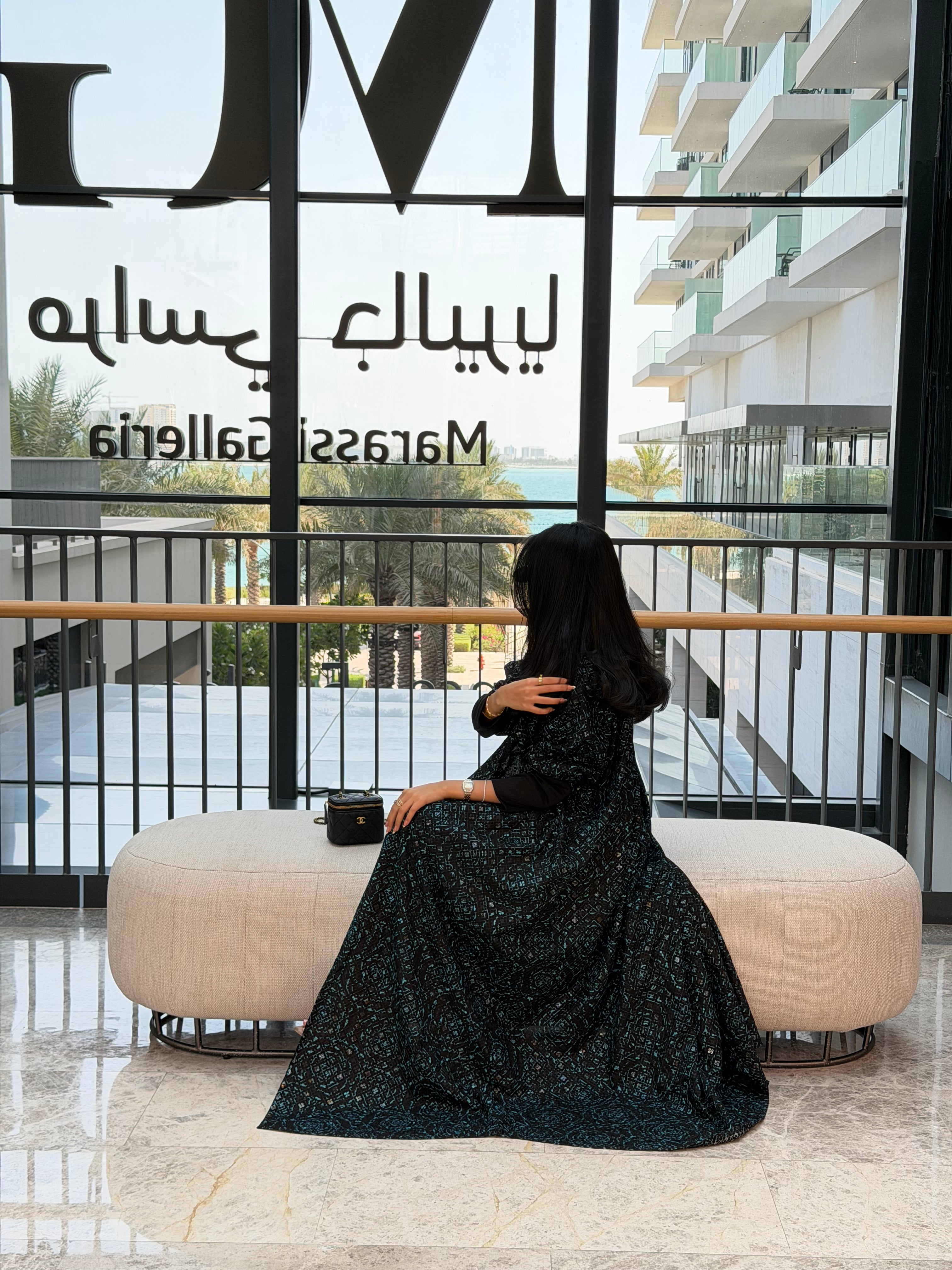FAB341-Black Green Embroidery Half-Bisht Cut Abaya with Fitted Black Stretch Sleeves and matching headscarf