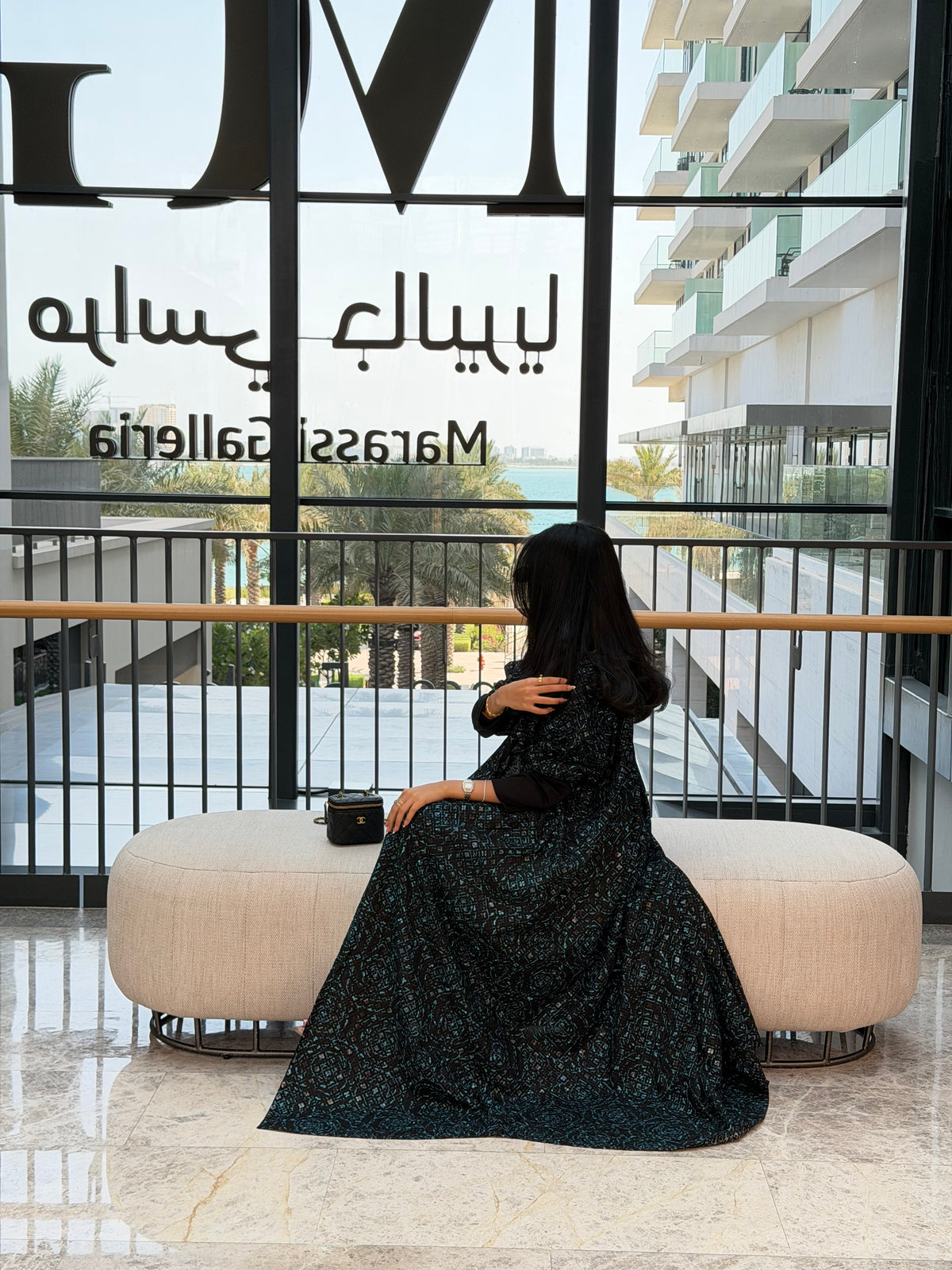 FAB341-Black Green Embroidery Half-Bisht Cut Abaya with Fitted Black Stretch Sleeves and matching headscarf