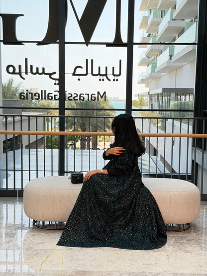 FAB341-Black Green Embroidery Half-Bisht Cut Abaya with Fitted Black Stretch Sleeves and matching headscarf