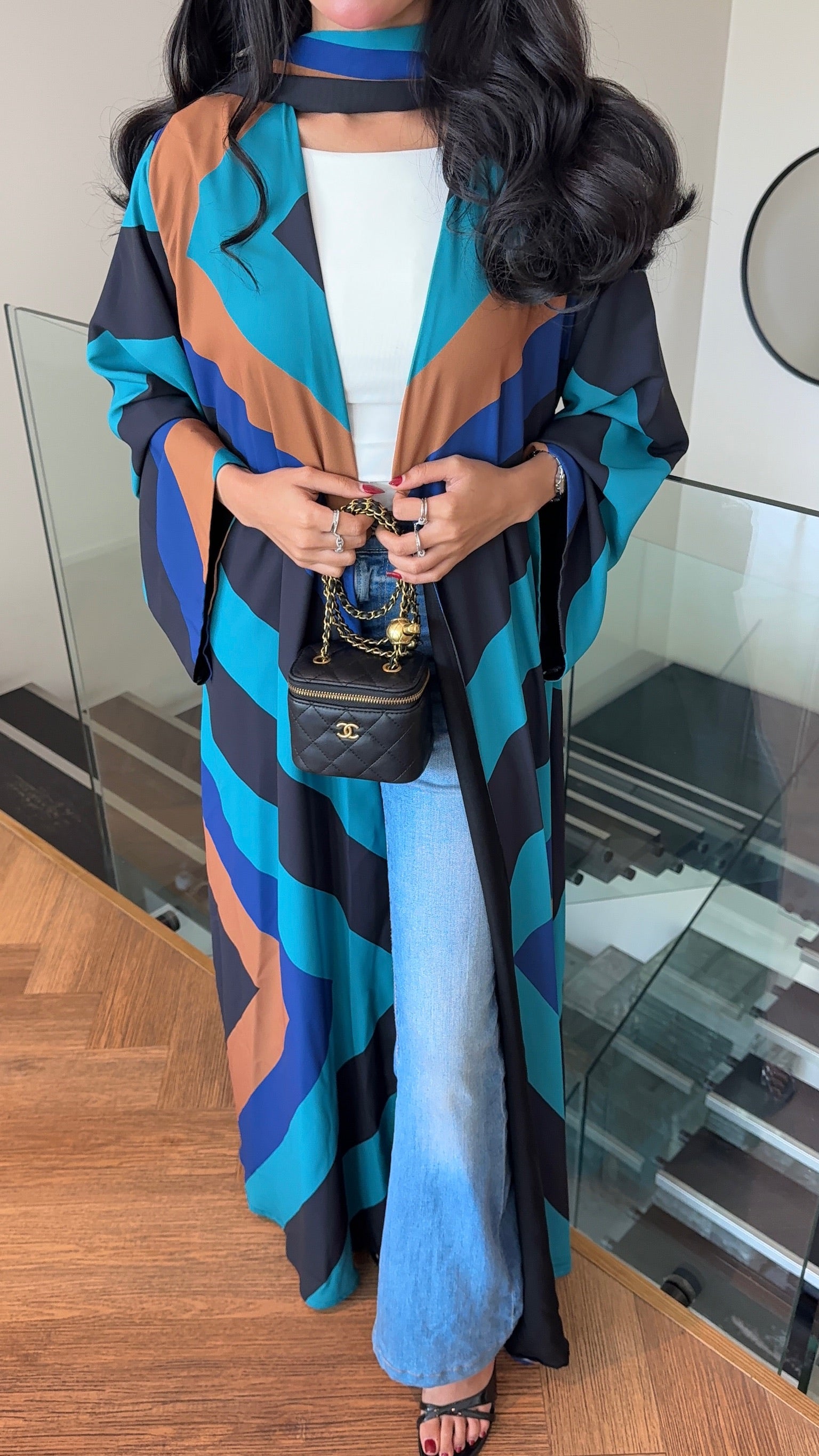 FAB328- Turqoise mustard printed Rainbow straight-cut abaya with matching headscarf