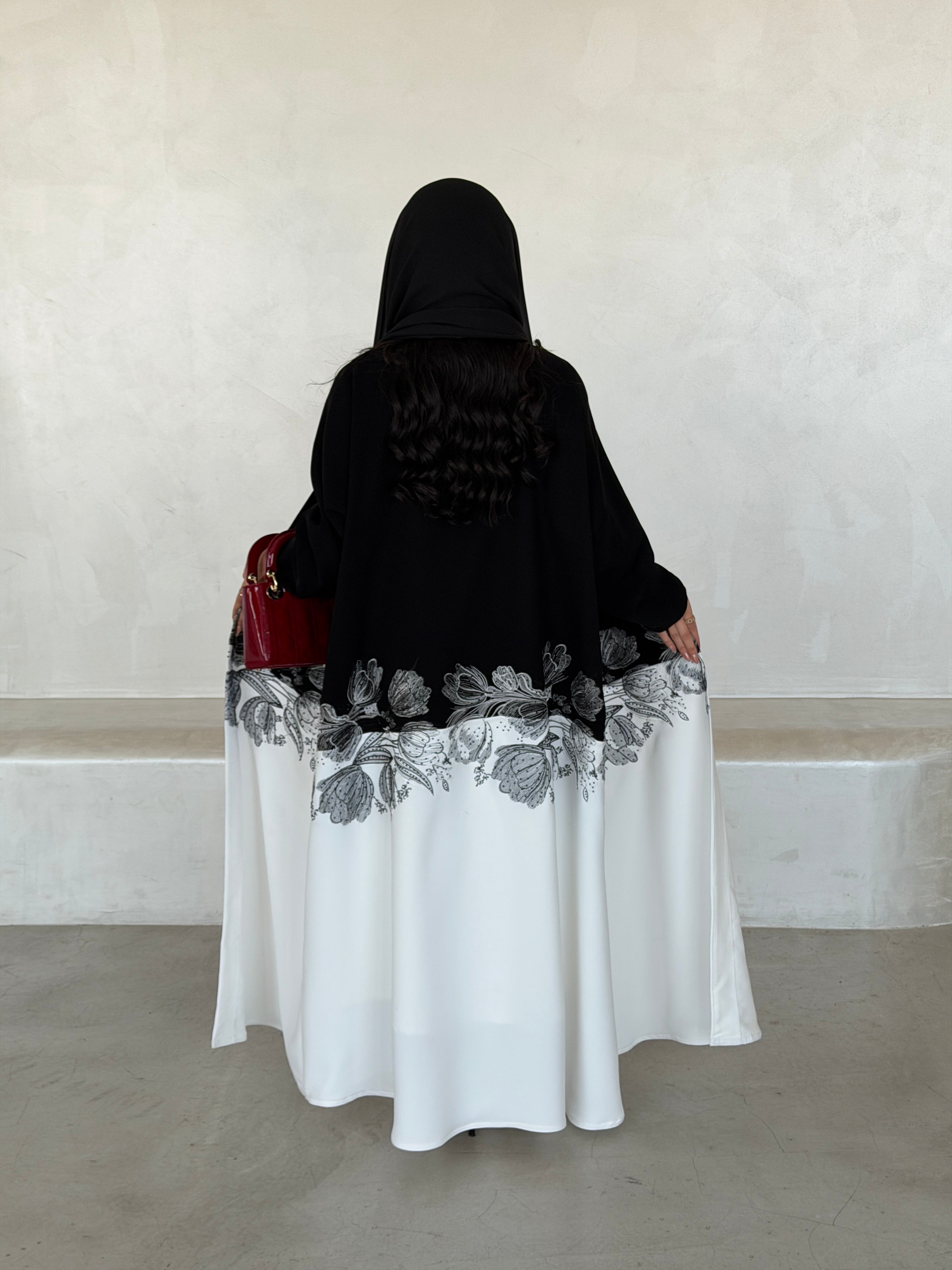 FAB292- Black & White Crepe Crystal Embroidered Abaya