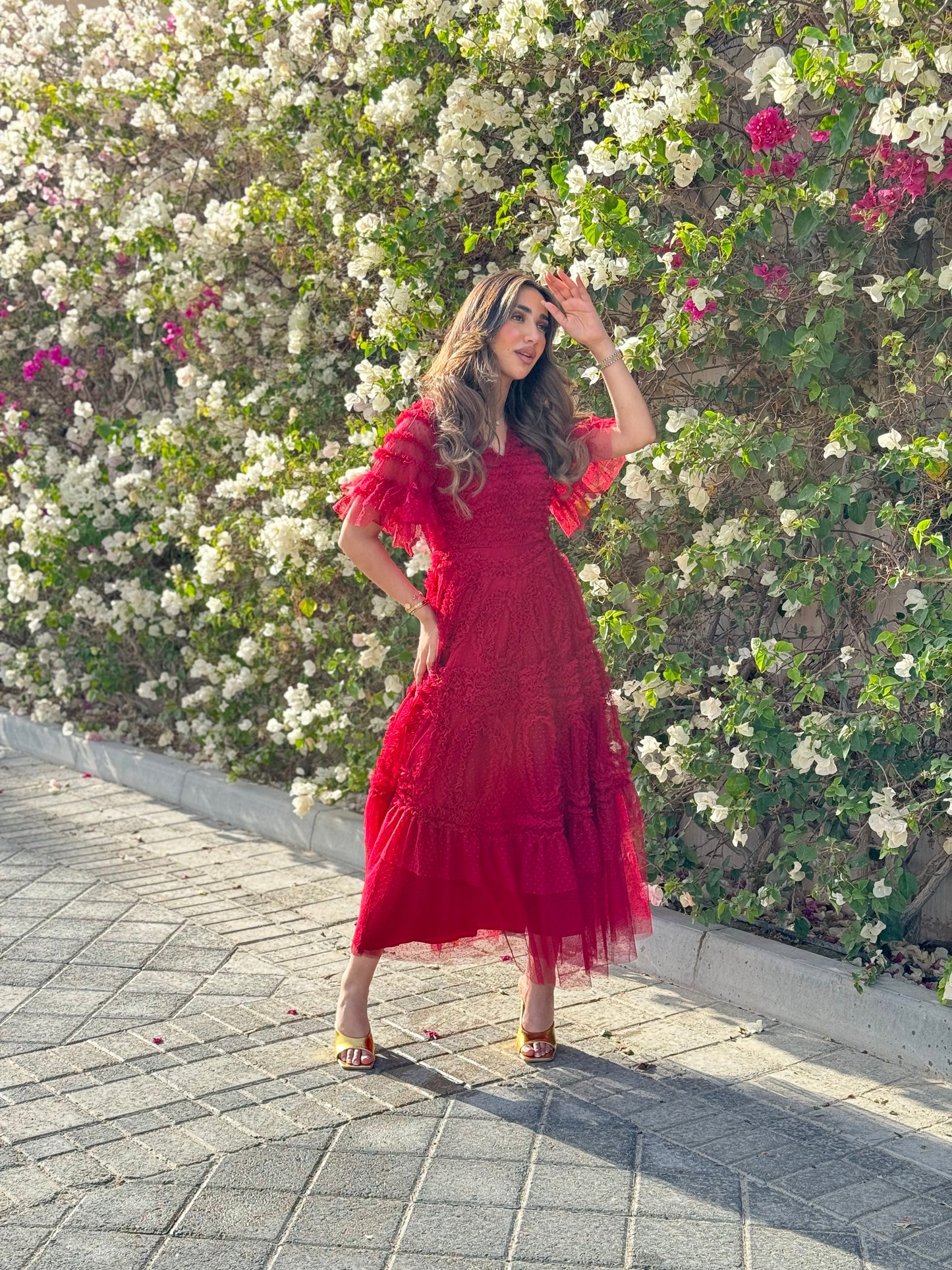 Maroon Tulle Short Sleeve Dress