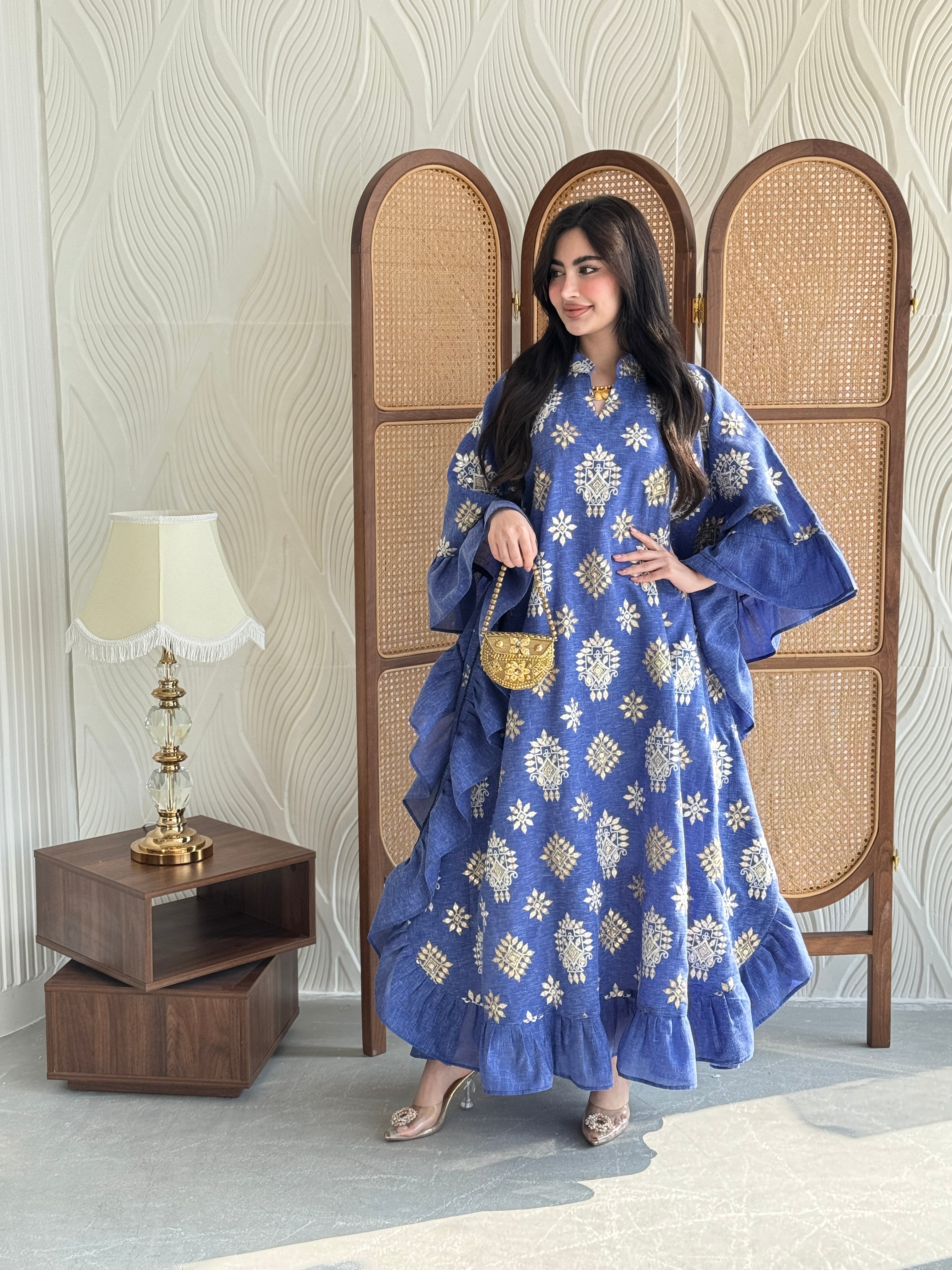 FAB273-Blue Linen Embroidered Butterfly-Cut Jalabiya with Ruffled Sleeves