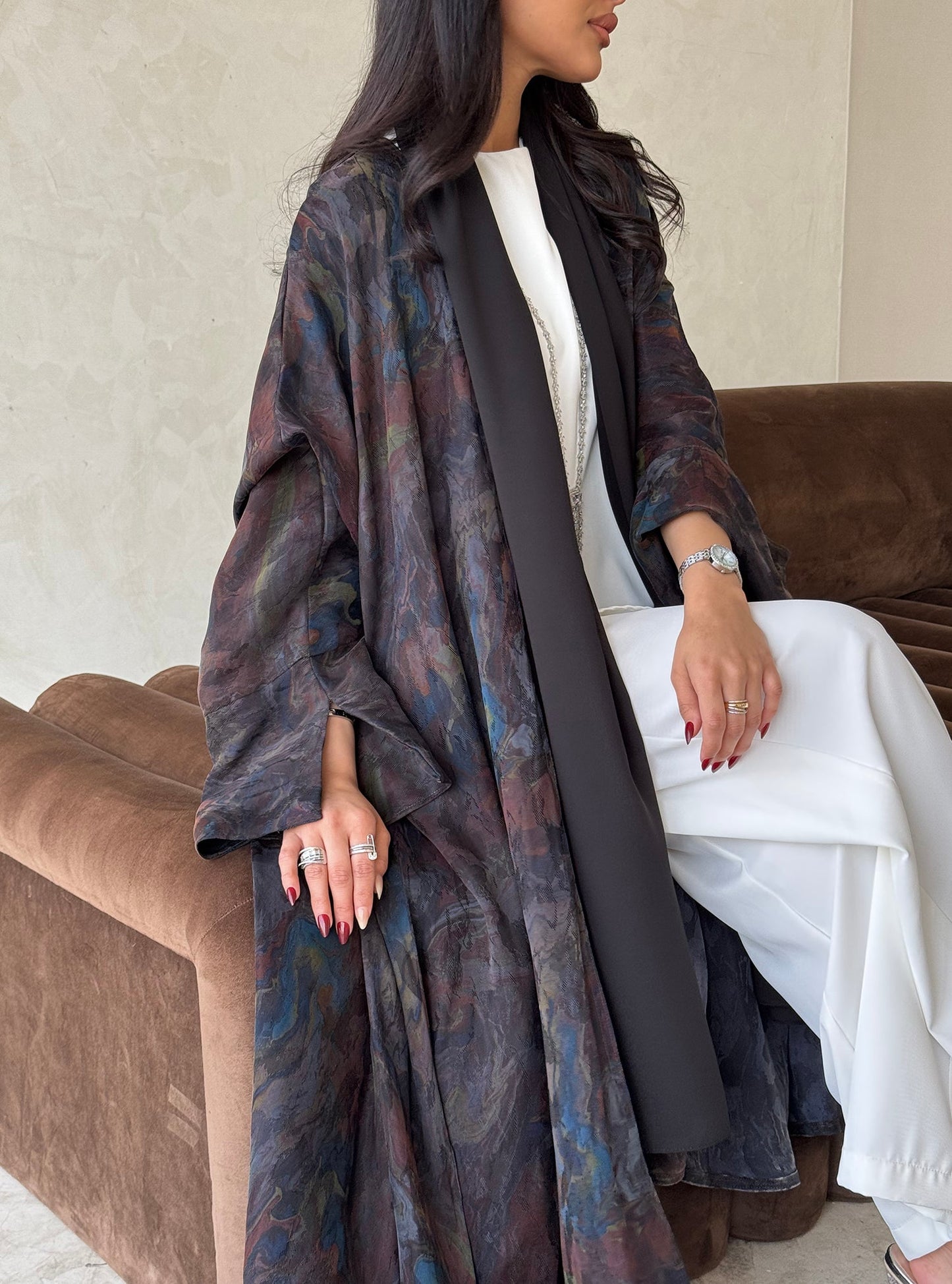 FAB157-Smoky Brown Jacquard A-Cut Abaya