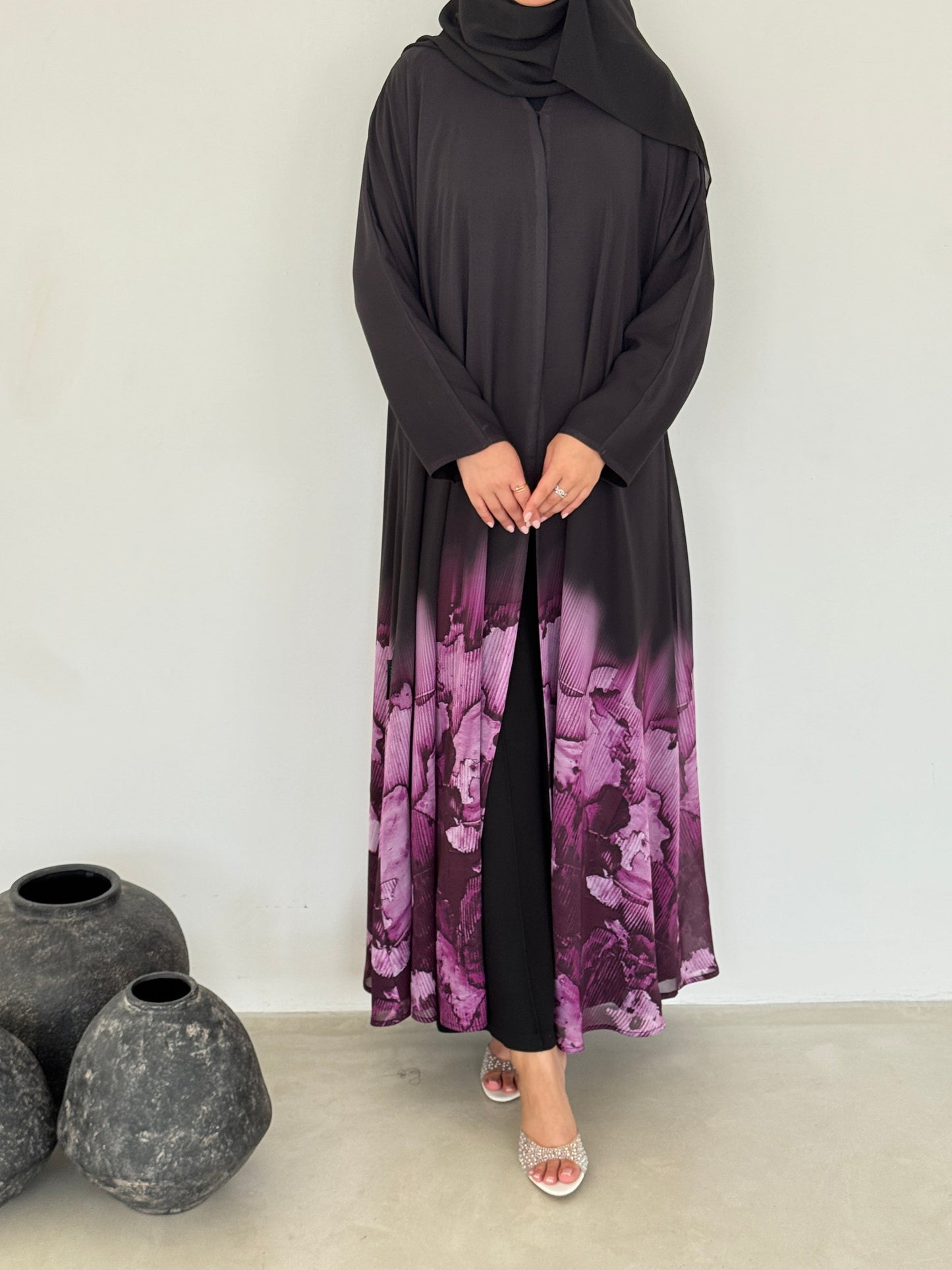 FAB212- Blue Ombre Waves print Shiffon A-cut Abaya with headscarf