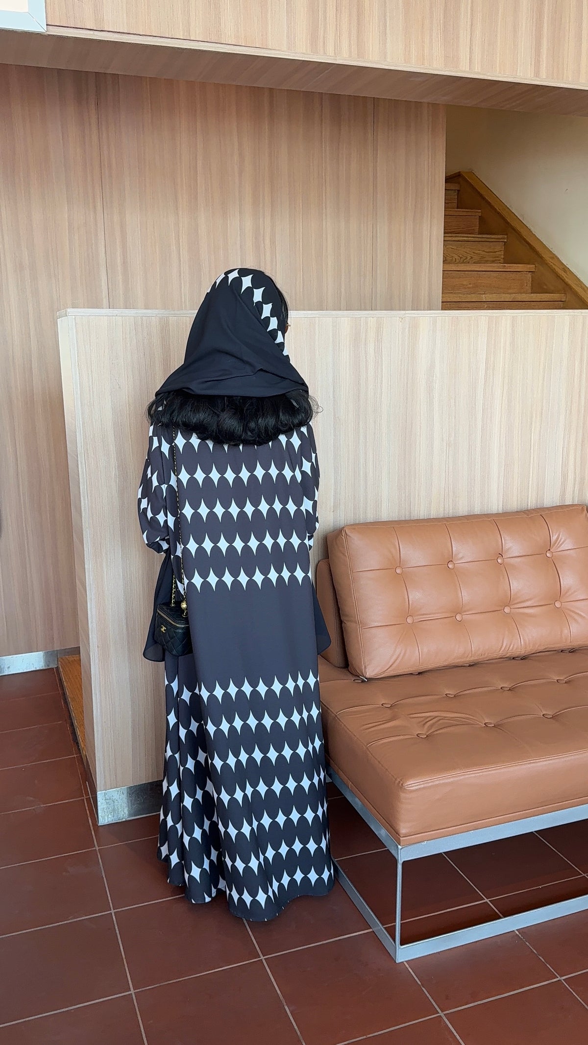 FAB334-White & Black Diamond Print Straight-Cut Abaya with Matching Headscarf