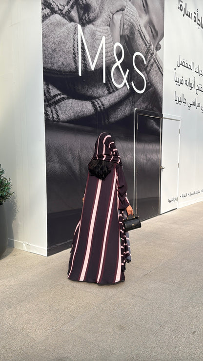 FAB304- Black/Maroon Striped Print Chiffon Silk A-Cut Abaya Set