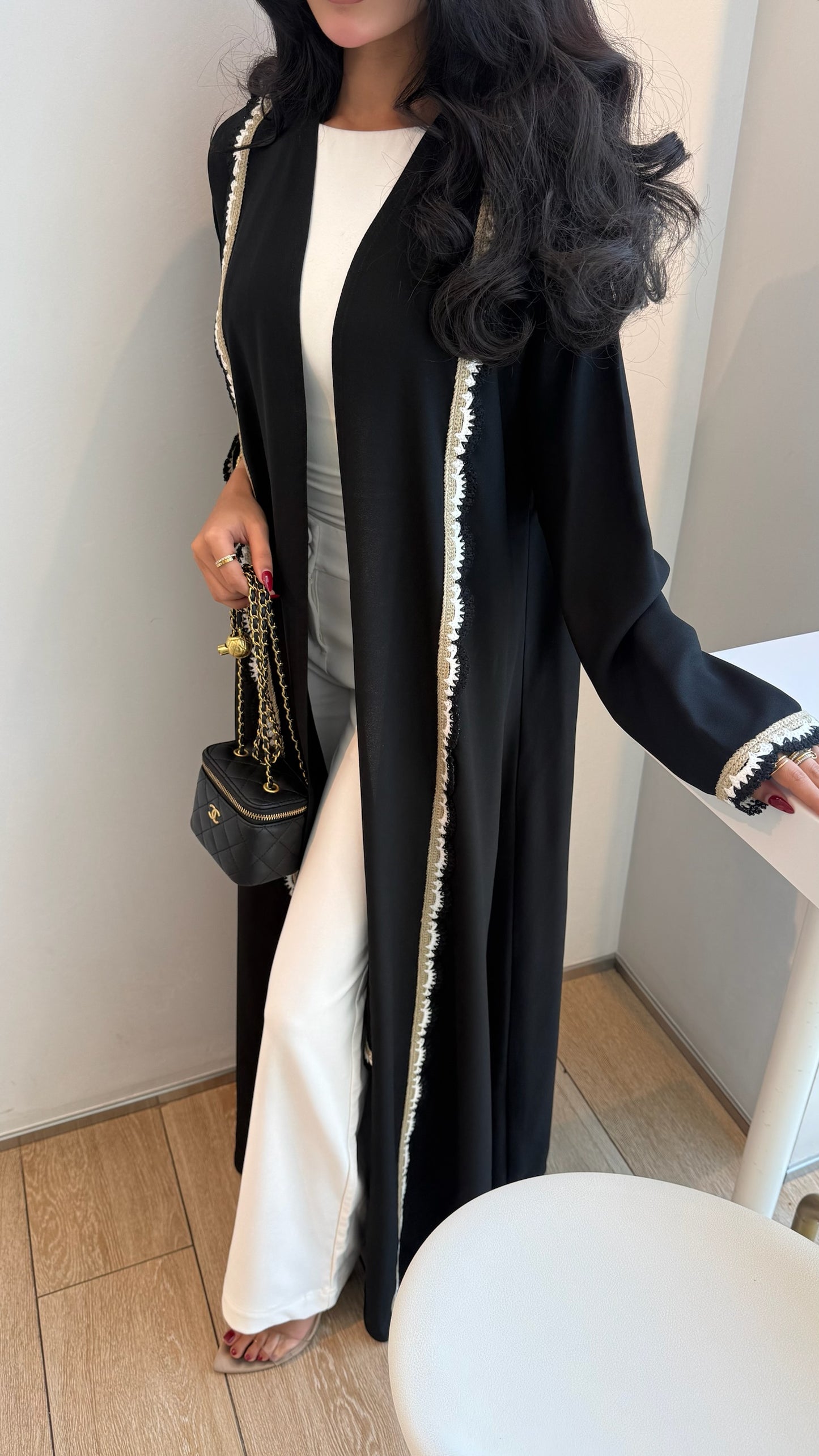 FAB326- Beige Black Crochet Crepe A-Cut Abaya with matching headscarf