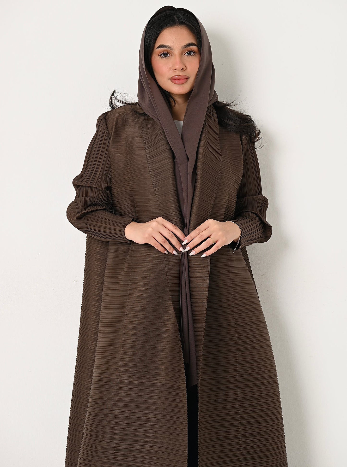 FAB106-Mocha Pleats Abaya with headscarf
