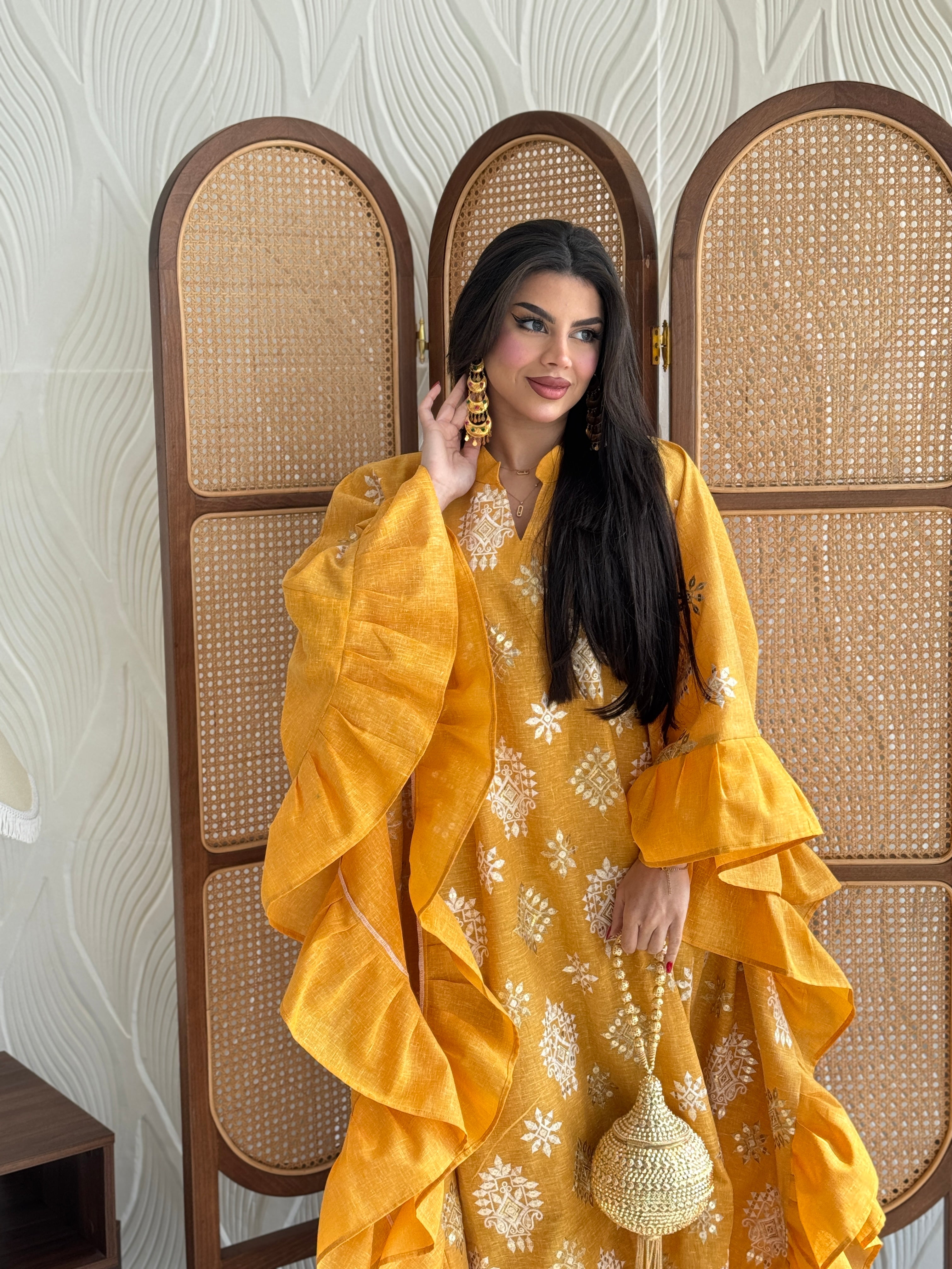 FAB274-Mustard Yellow Linen Embroidered Butterfly-Cut Jalabiya with Ruffled Sleeves