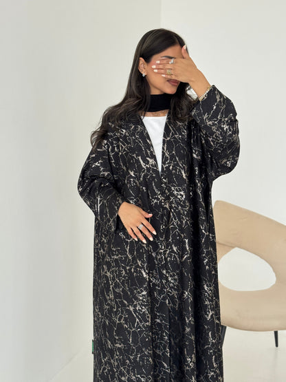 FAB206-Black Metallic Crepe Silk A-Cut Abaya with headscarf