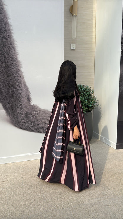 FAB304- Black/Maroon Striped Print Chiffon Silk A-Cut Abaya Set