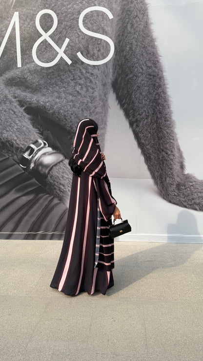 FAB304- Black/Maroon Striped Print Chiffon Silk A-Cut Abaya Set