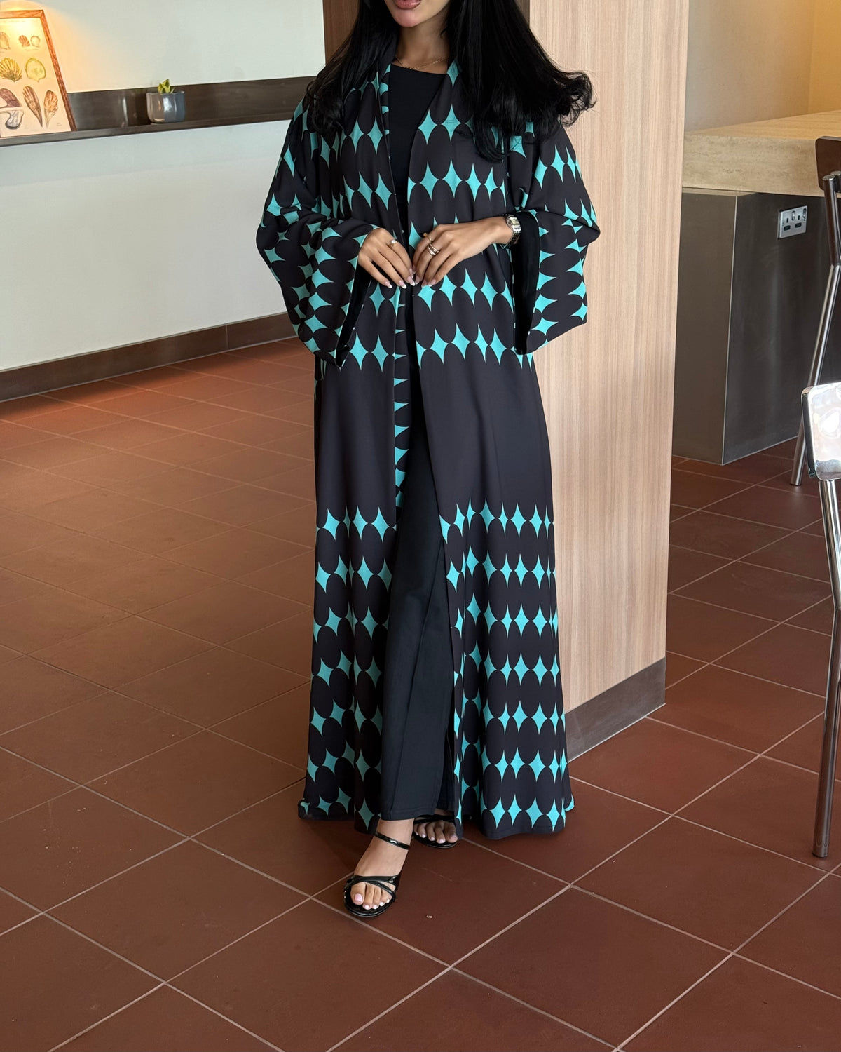 FAB333-Turquoise & Black Diamond Print Straight-Cut Abaya with Matching Headscarf