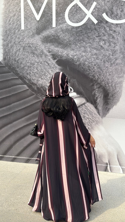 FAB304- Black/Maroon Striped Print Chiffon Silk A-Cut Abaya Set