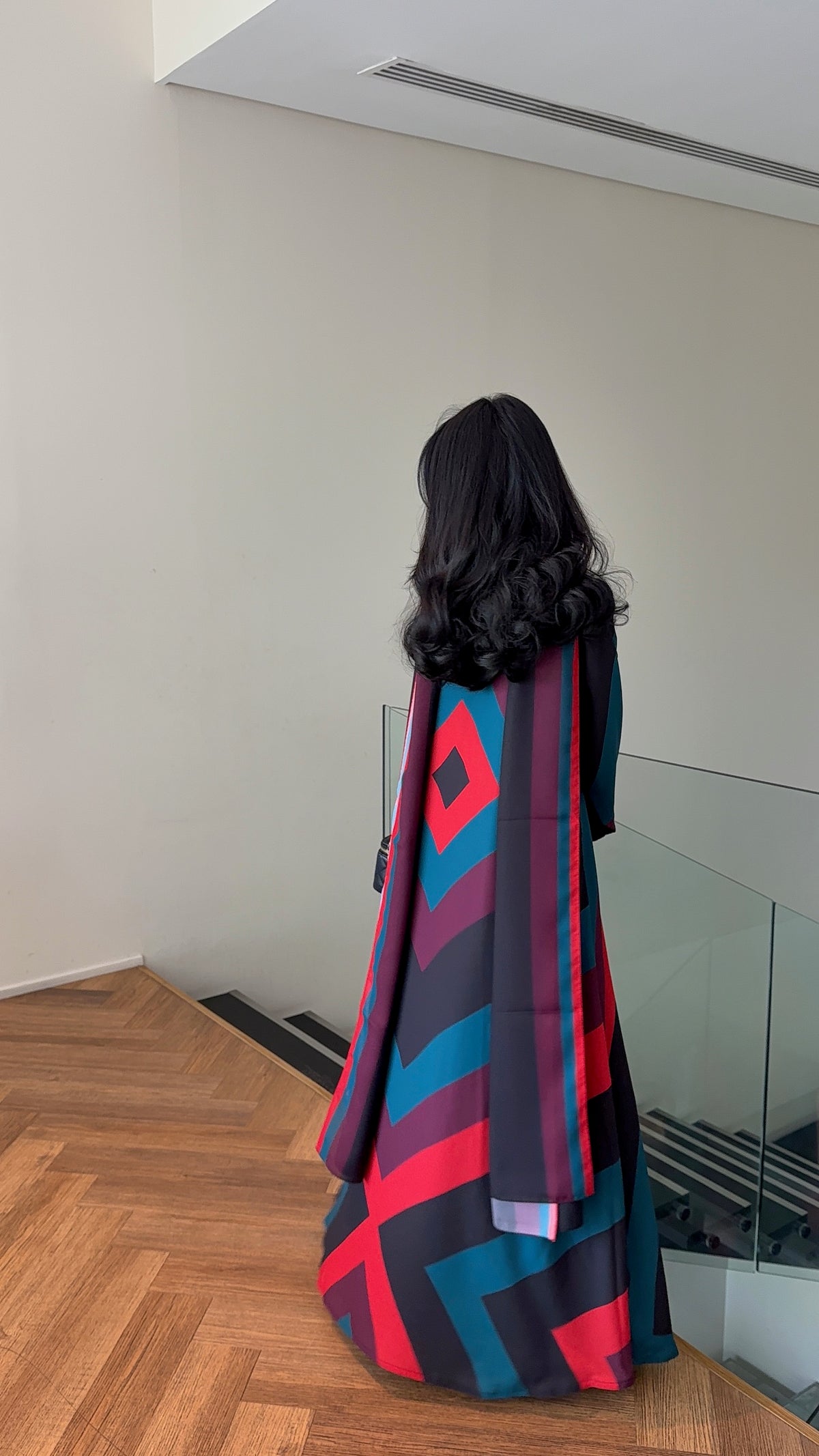 FAB327- Red blue printed rainbow straight-cut abaya with matching headscarf
