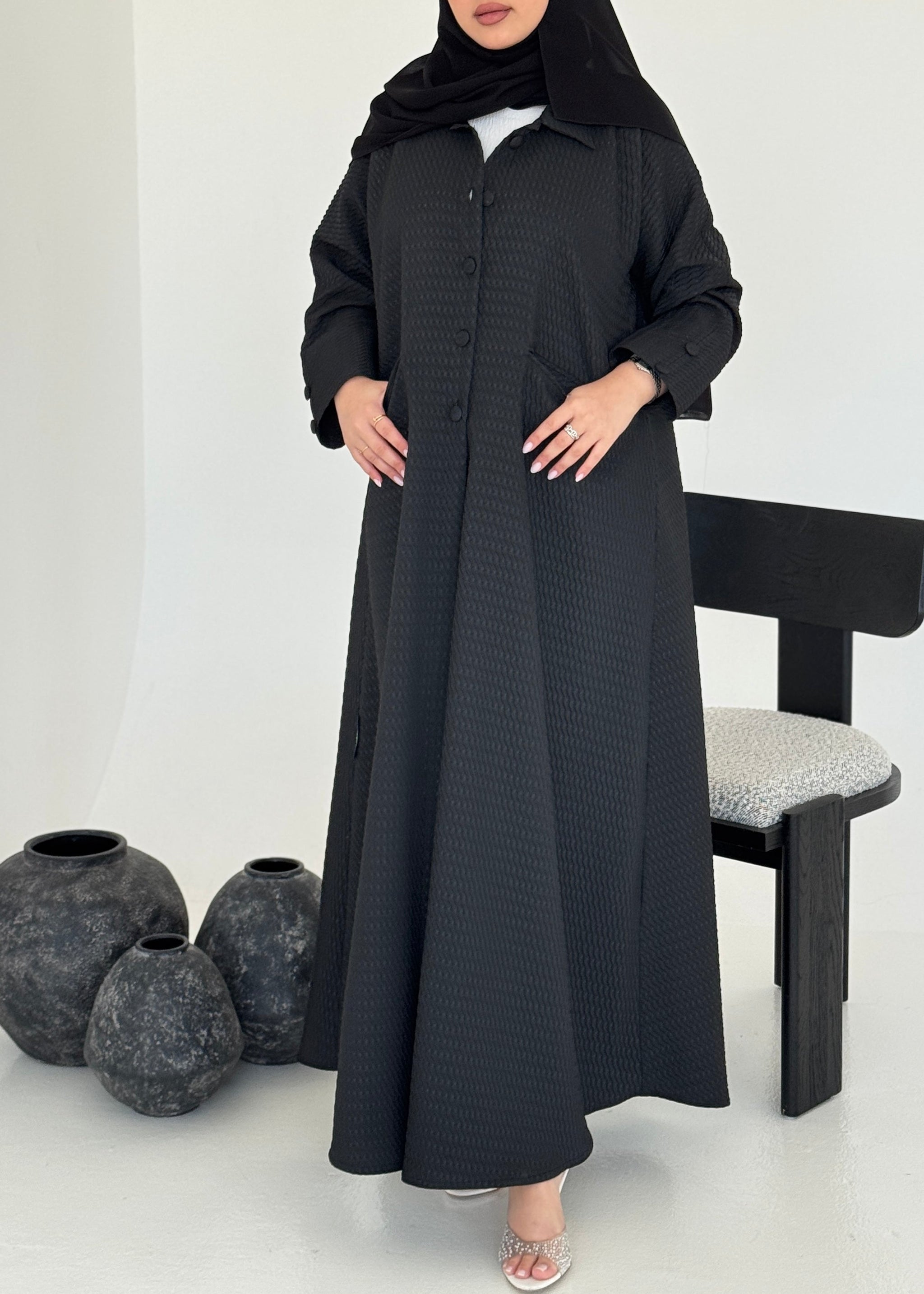 FAB226-Black Textured Classic Jacquard Abaya with headscarf
