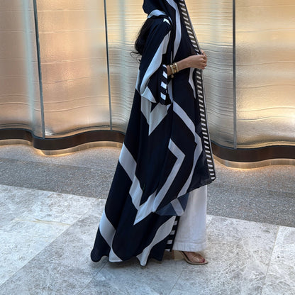 FAB303- Blue & Black Print Chiffon Silk A-Cut Abaya Set