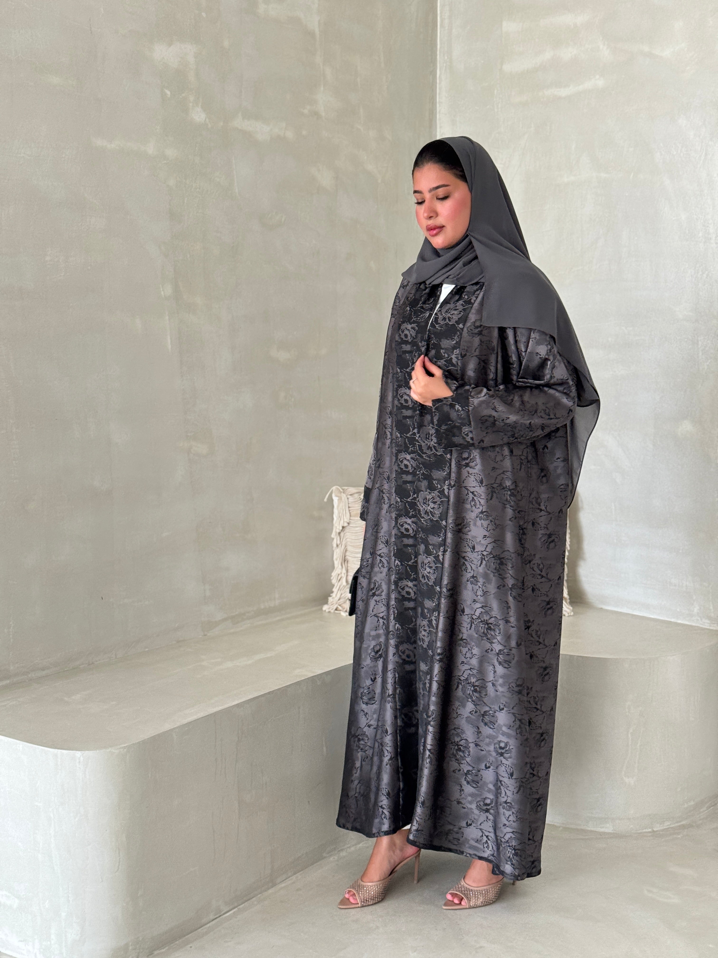 FAB191- Grey Double-face Crepe Abaya with headscarf
