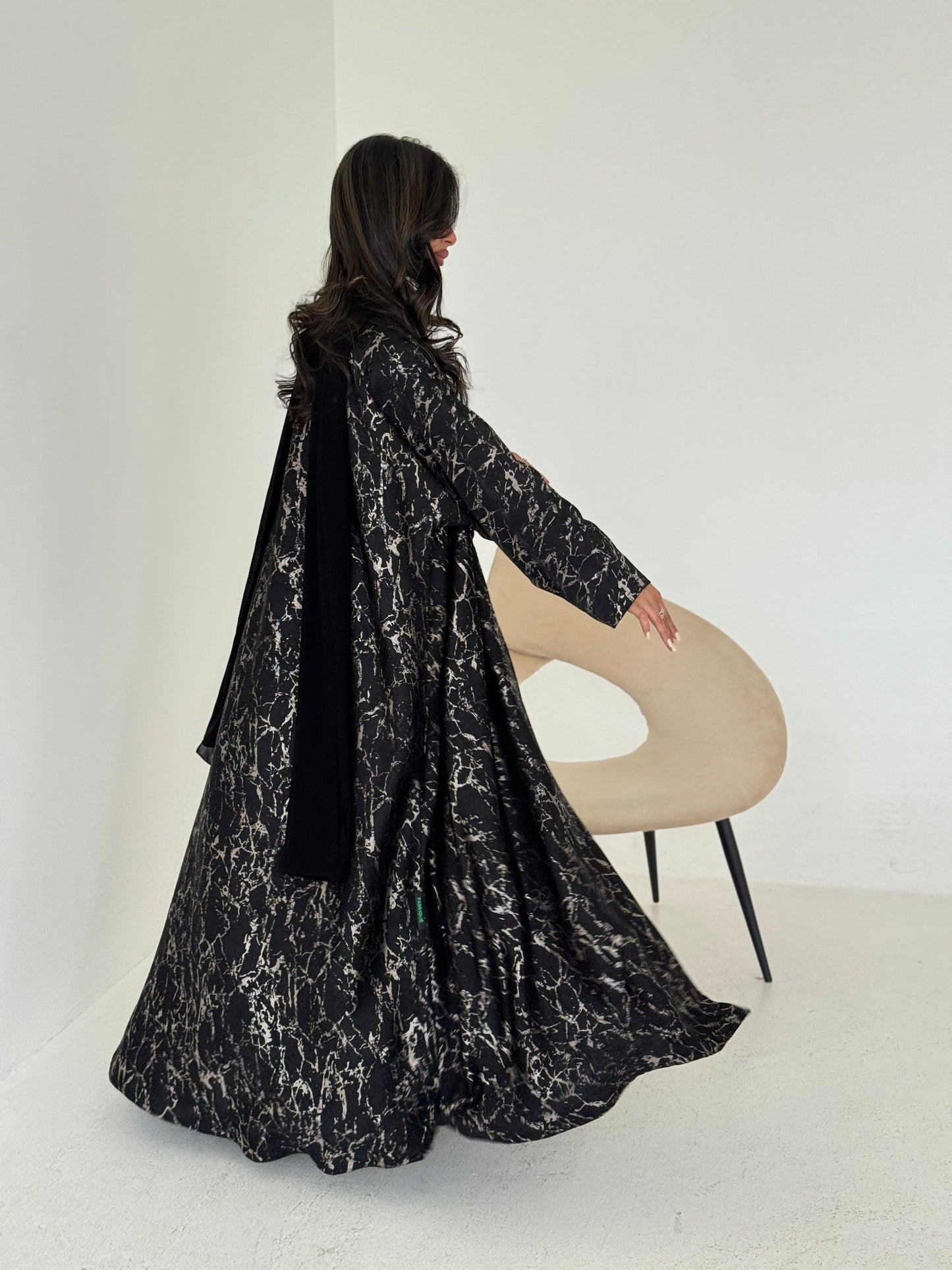 FAB206-Elegant Black Metallic Crepe Silk A-Cut Abaya with headscarf