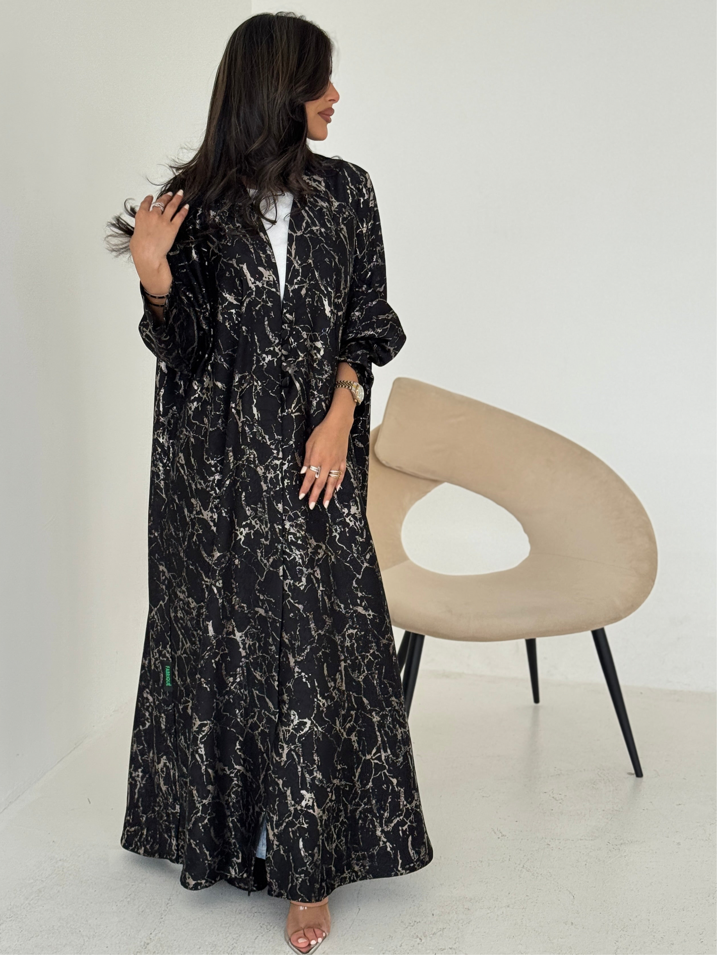 FAB206-Elegant Black Metallic Crepe Silk A-Cut Abaya with headscarf